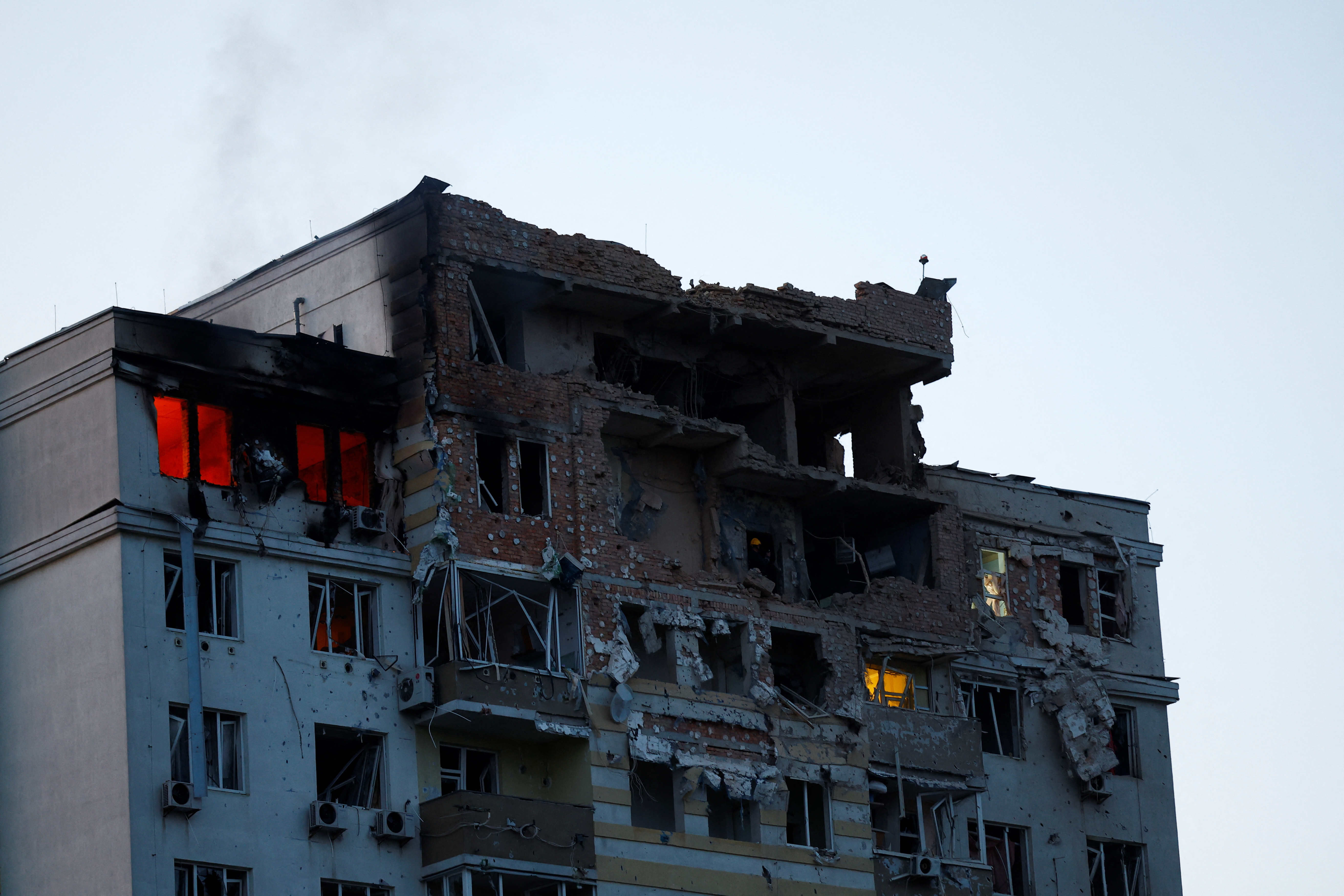 A view shows an apartment building damaged during a massive Russian drone strike, amid Russia’s attack on Ukraine, in Kyiv
