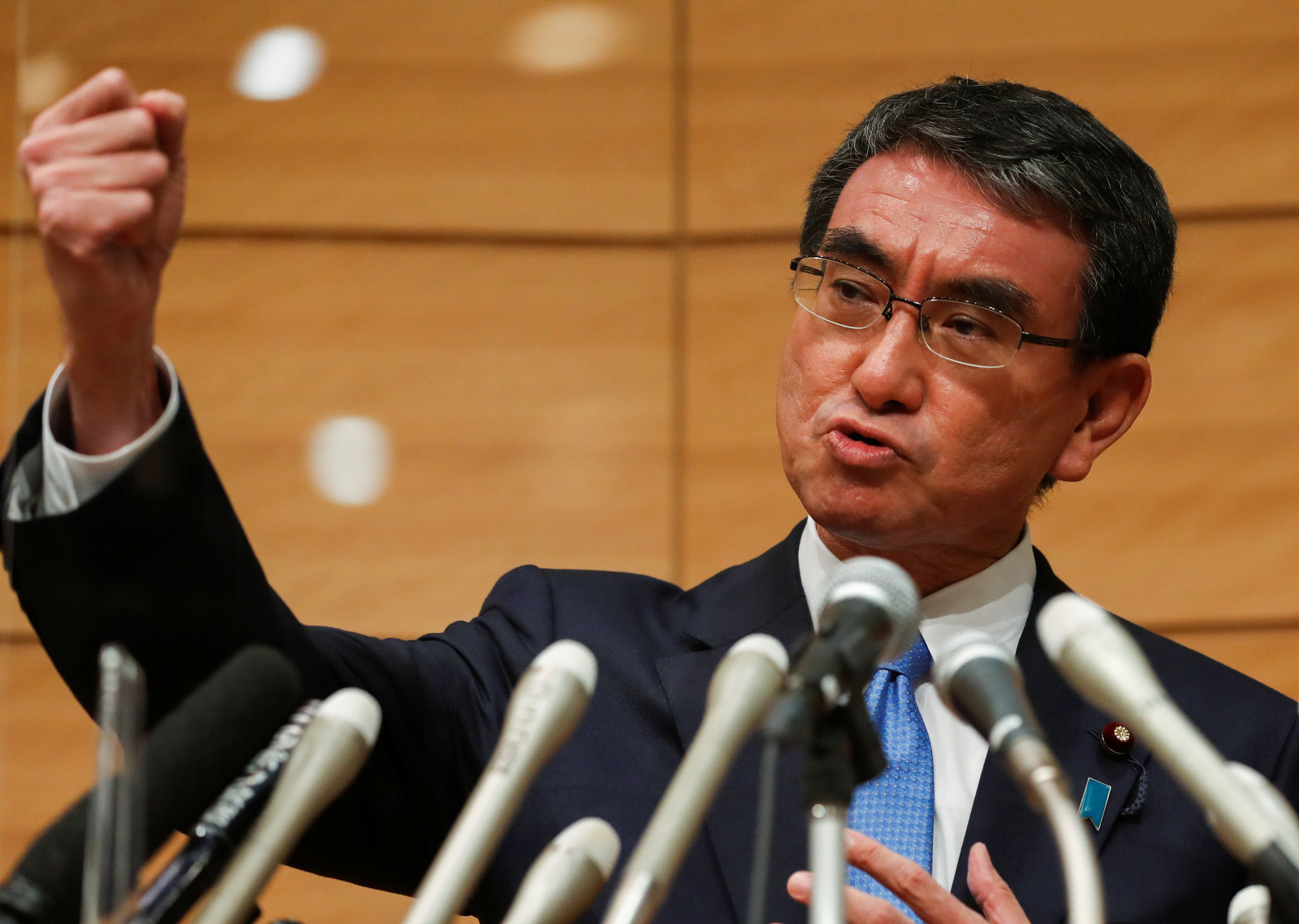 Taro Kono announces his candidacy for the party's presidential election in Tokyo