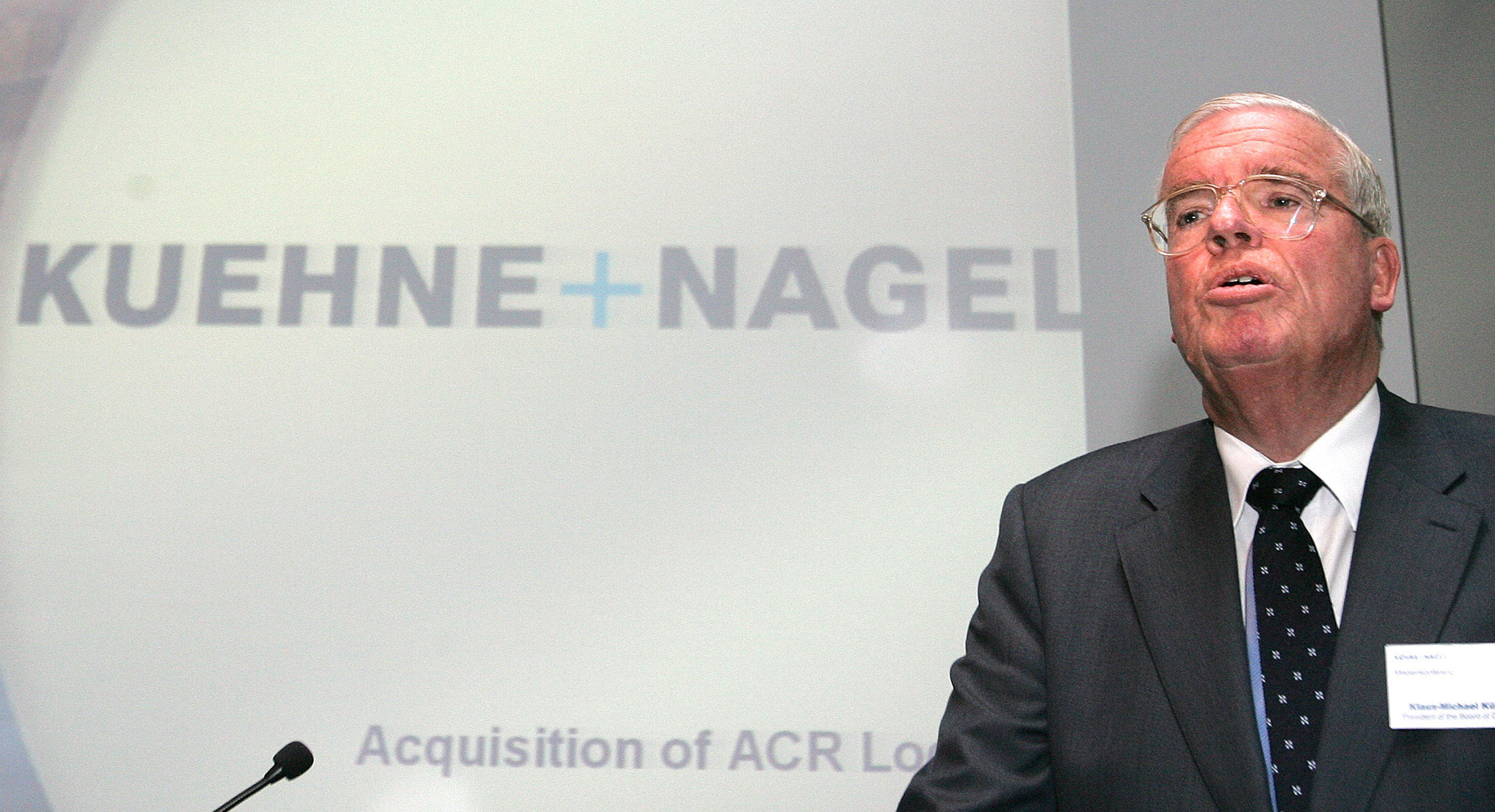 Kuehne & Nagel's president Kuehne announces the acquisition of ACR Logistics at a news conference in Zurich