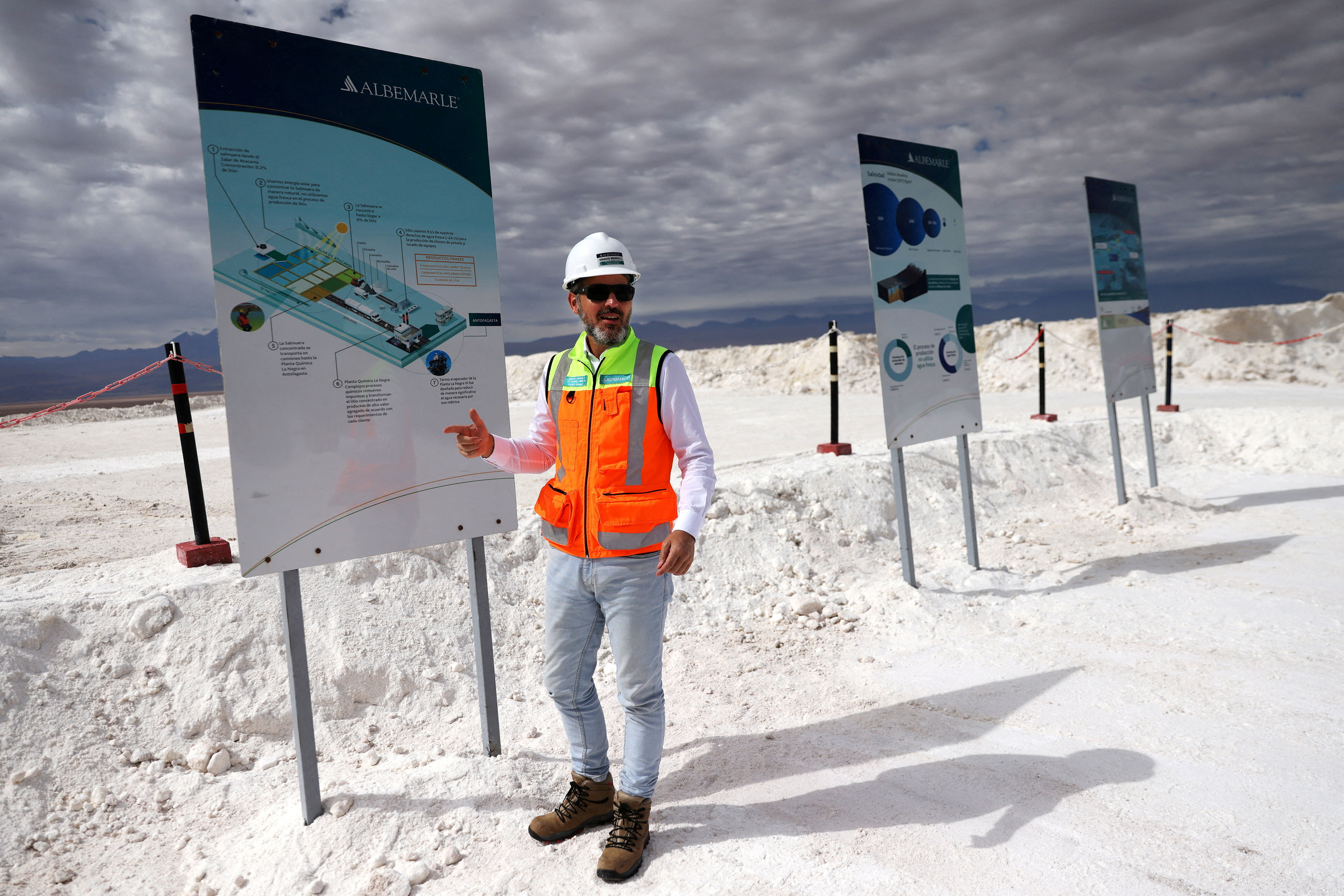 Albemarle's Chile country manager Ignacio Mehech chats at their lithium plant placed on the Atacama salt flat