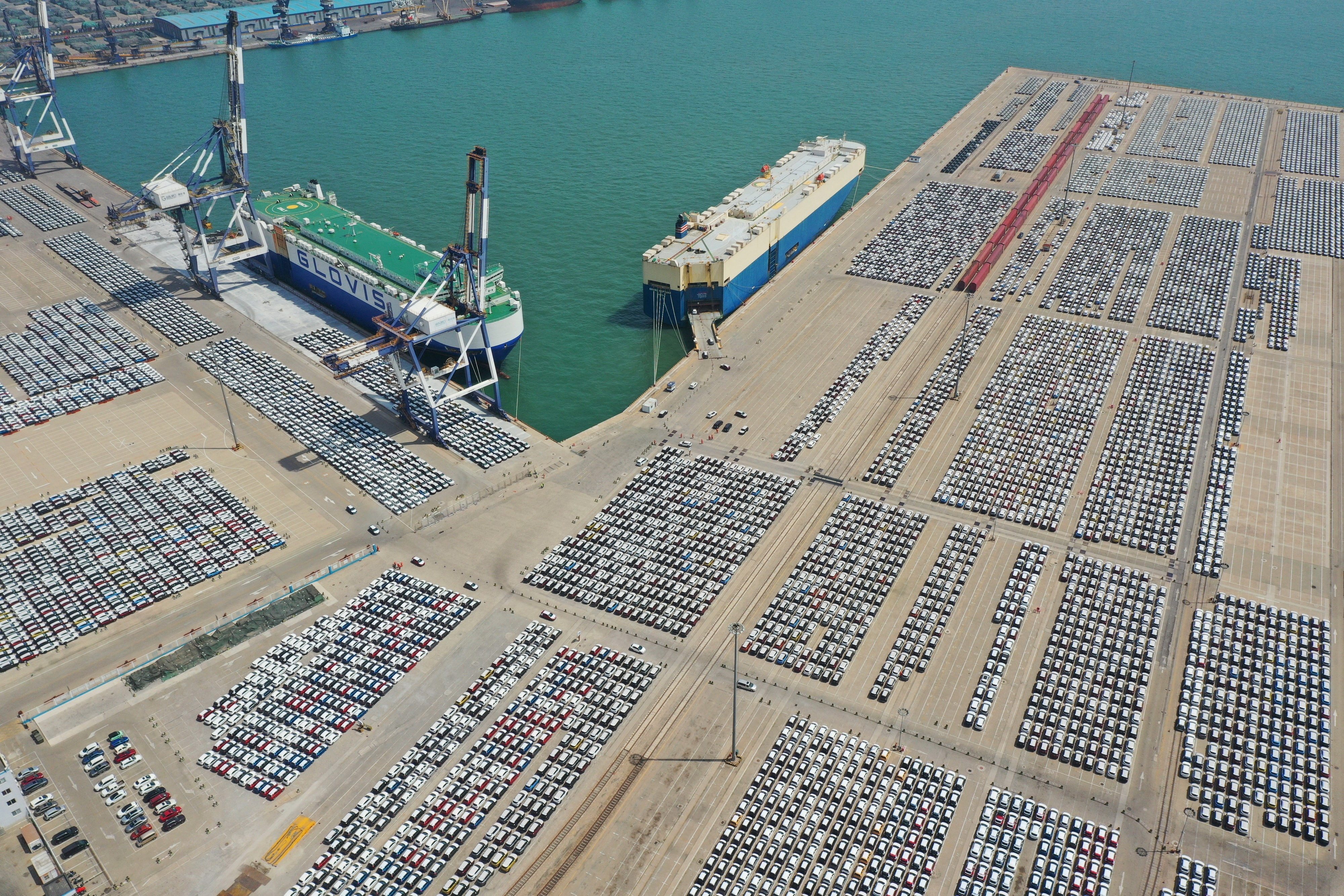 Cars for export at a port in Yantai