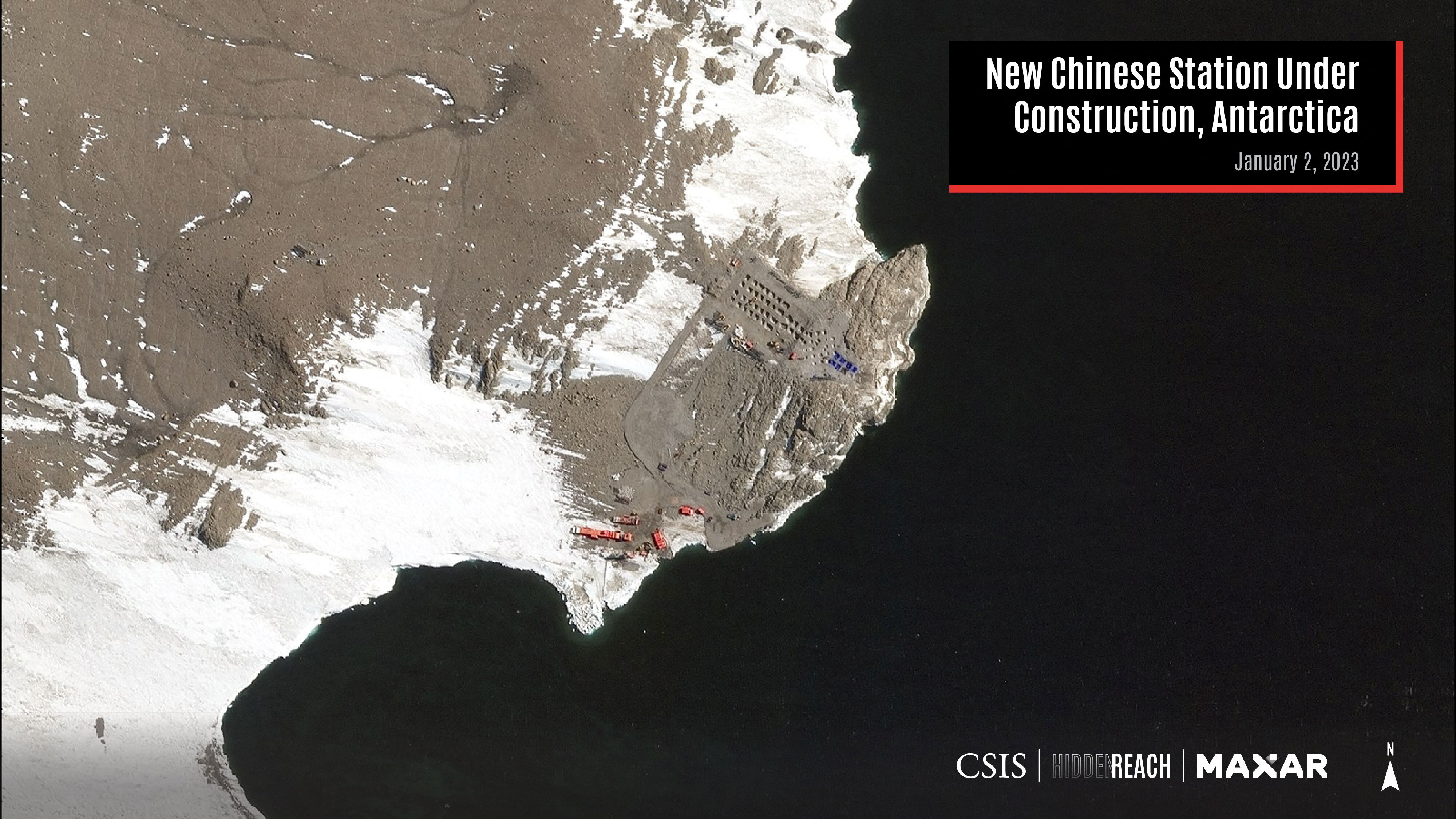 A satellite view shows the new Chinese station under construction, on Inexpressible Island, Antarctica