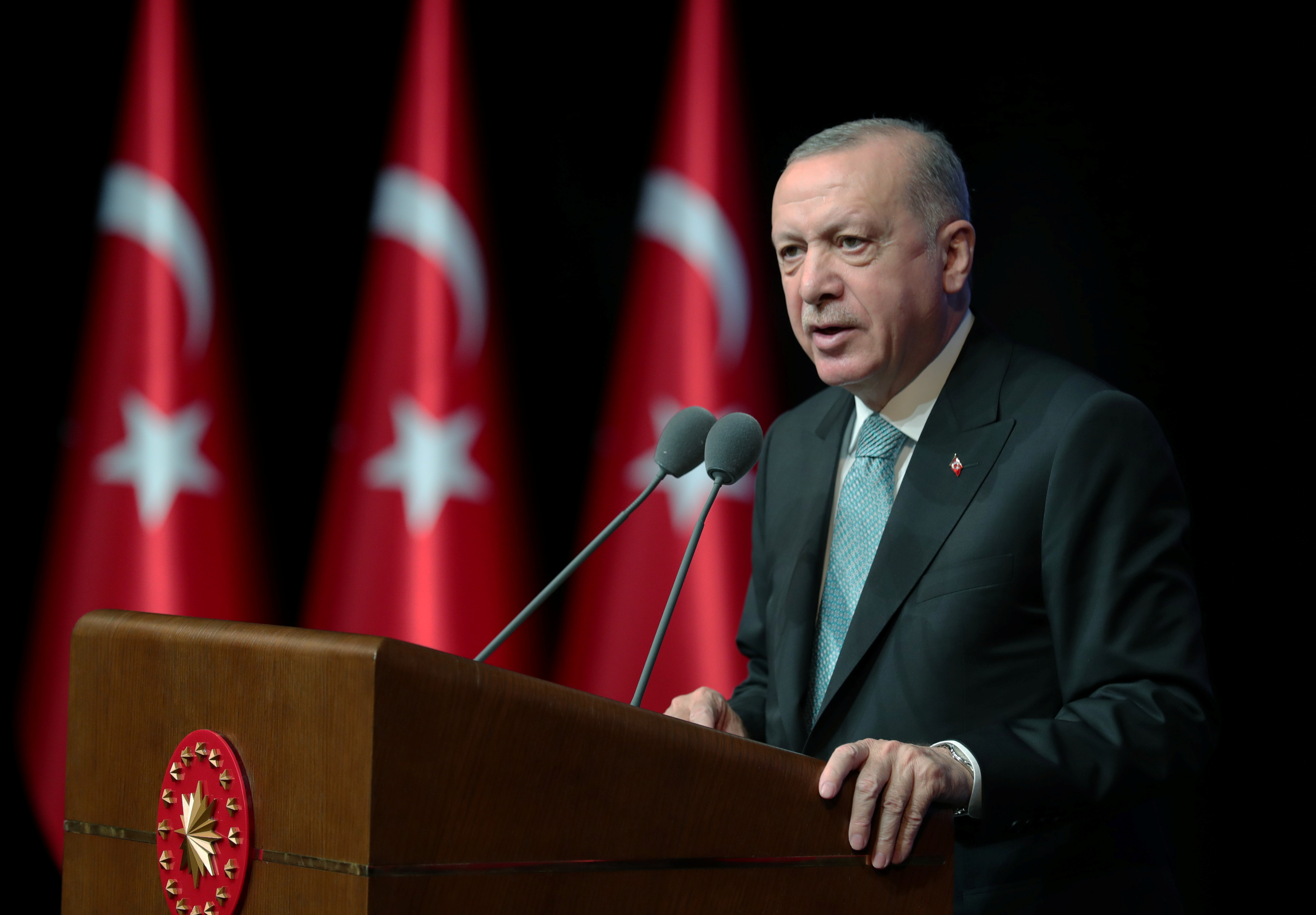 Turkish President Erdogan speaks during an action plan meeting to prevent violence against women in Ankara