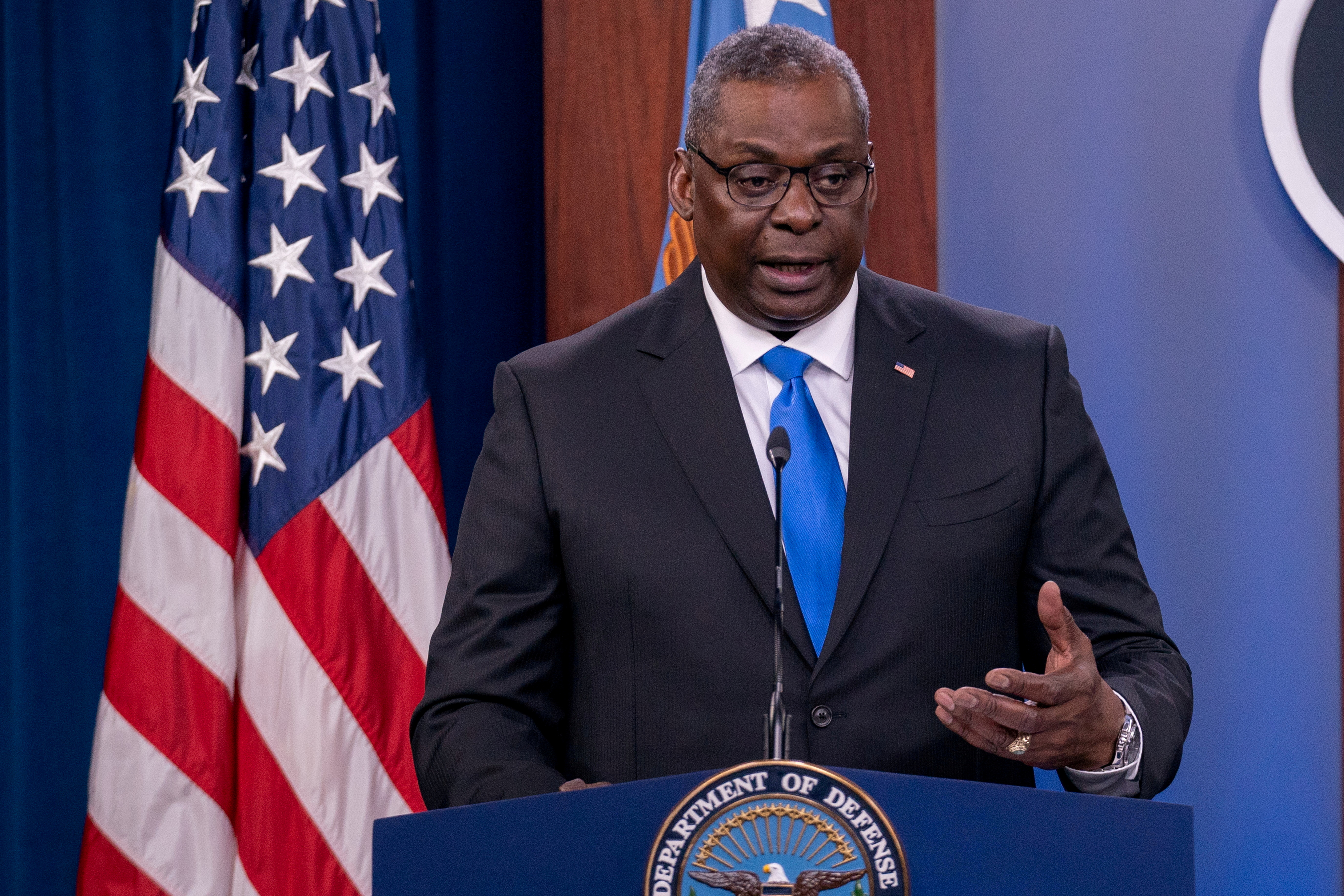 U.S. Defense Secretary Lloyd Austin answers reporters questions at the Pentagon as the U.S. military nears the formal end of its mission in Afghanistan in Arlington, Virginia, U.S. July 21, 2021. REUTERS/Ken Cedeno