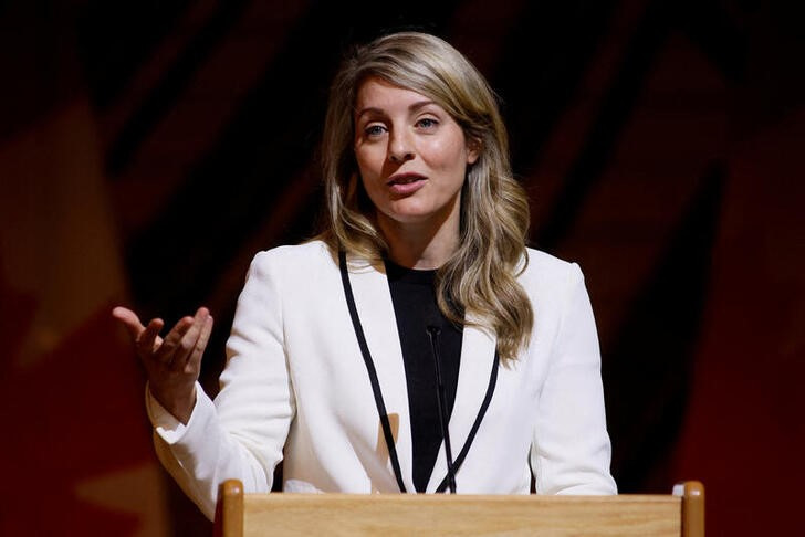 Canada's Minister of Foreign Affairs Melanie Joly speaks during a reception honouring the visit of the Chairperson of the African Union Commission Moussa Faki Mahamat in Gatineau, Quebec