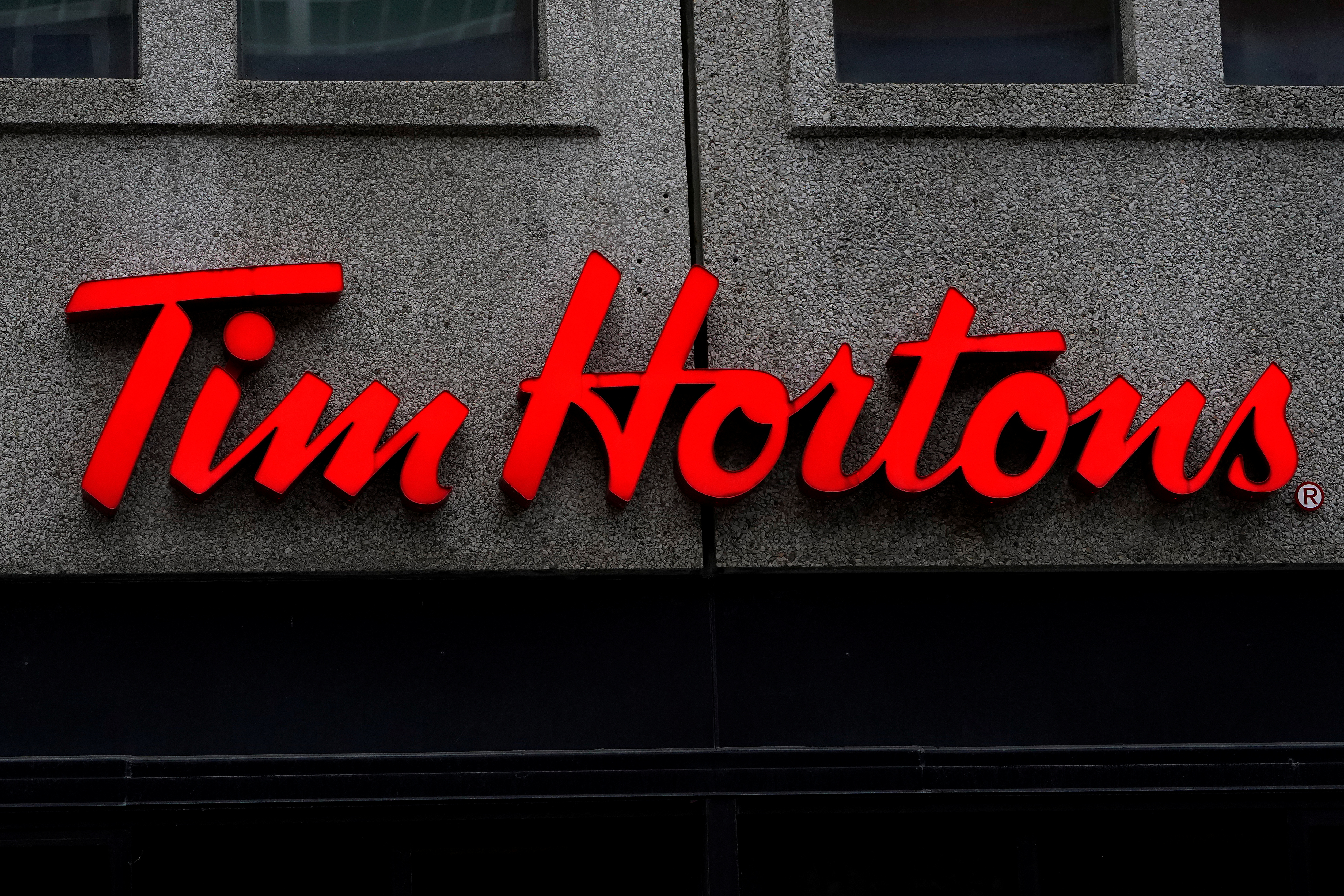 A Tim Hortons logo is pictured in Montreal, Quebec