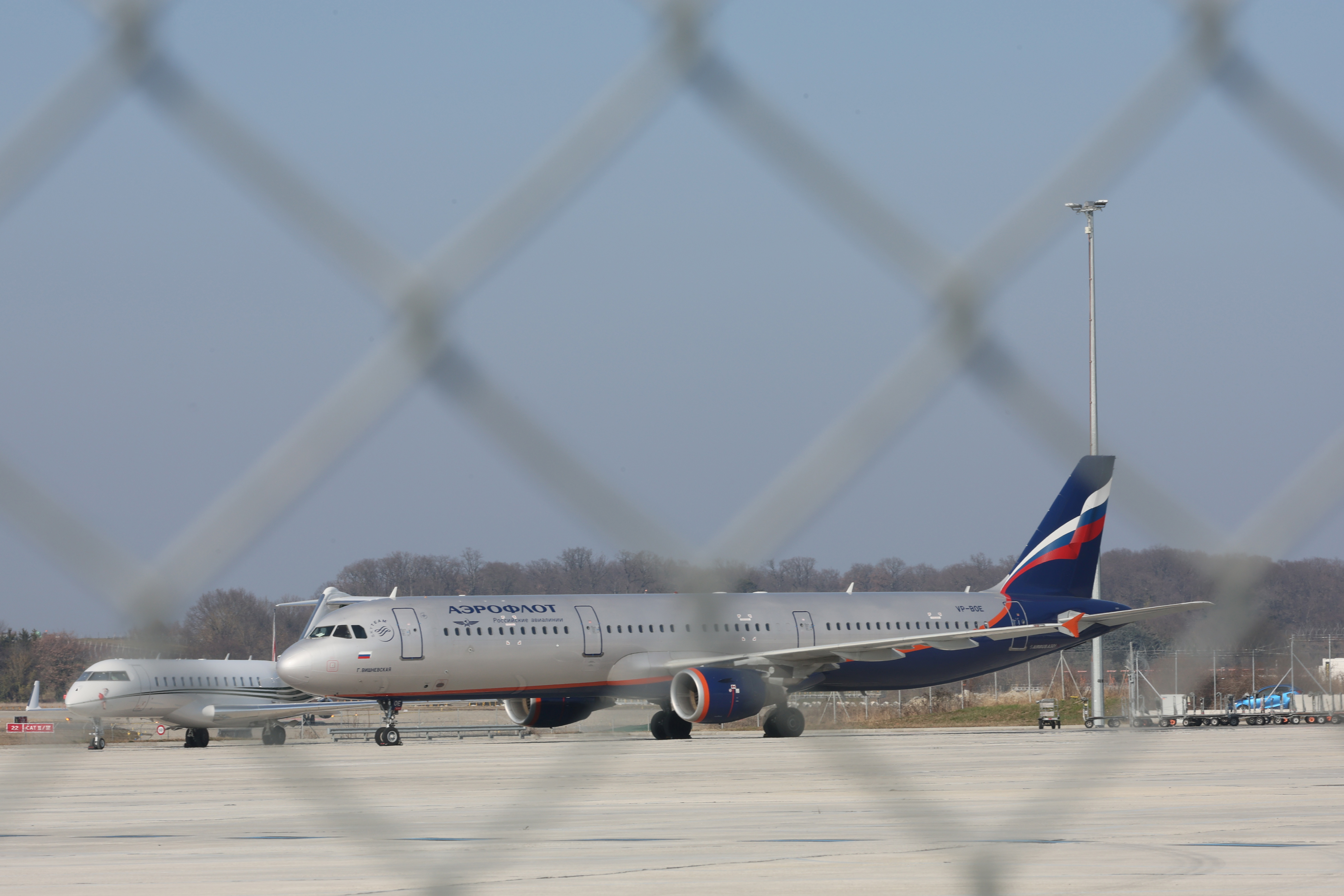 Aircraft of Russian airline Aeroflot is pictured at Cointrin airport in Geneva