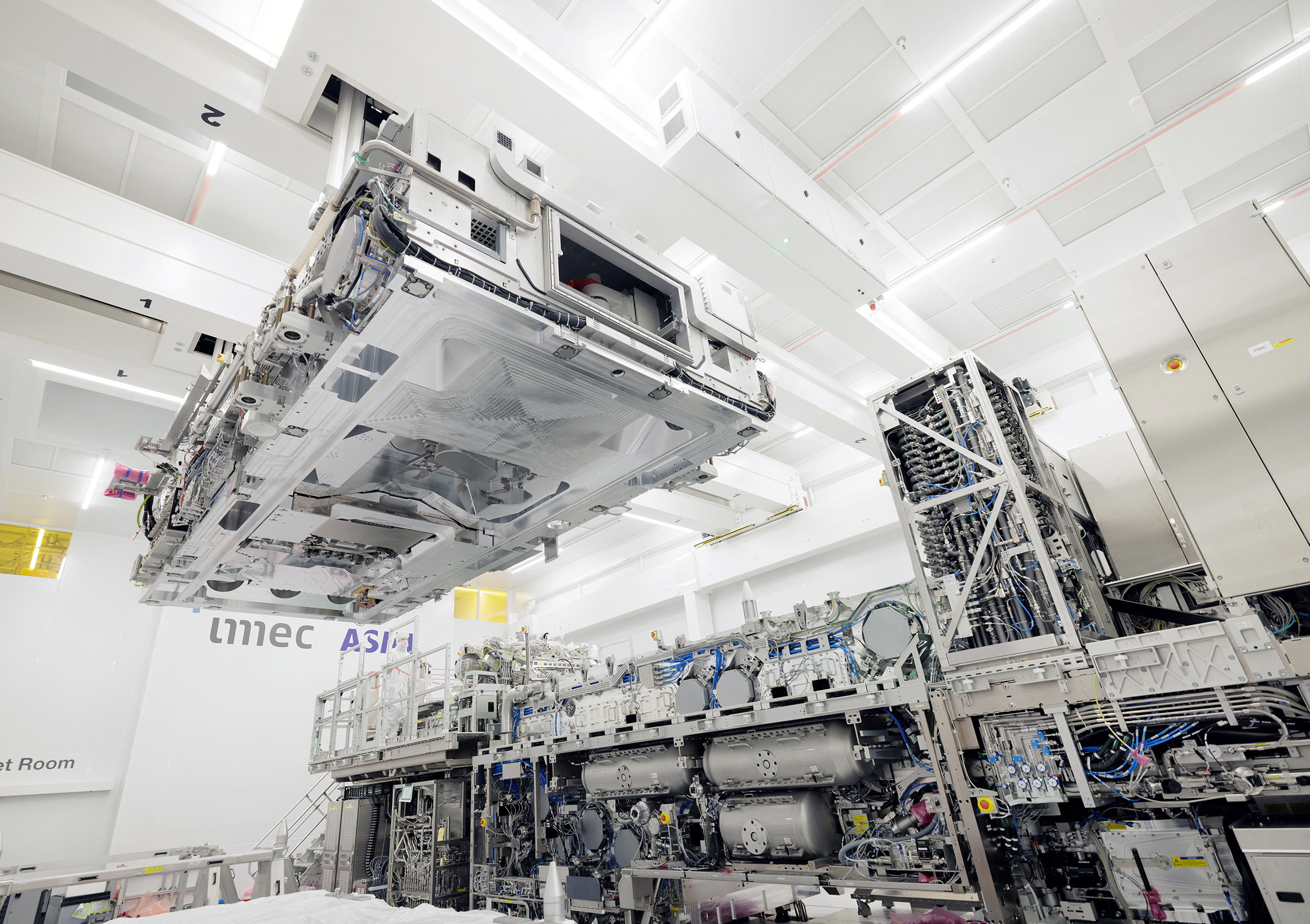 A High NA EUV tool is seen before the attachment of its top module as it is assembled at ASML’s headquarters in Veldhoven