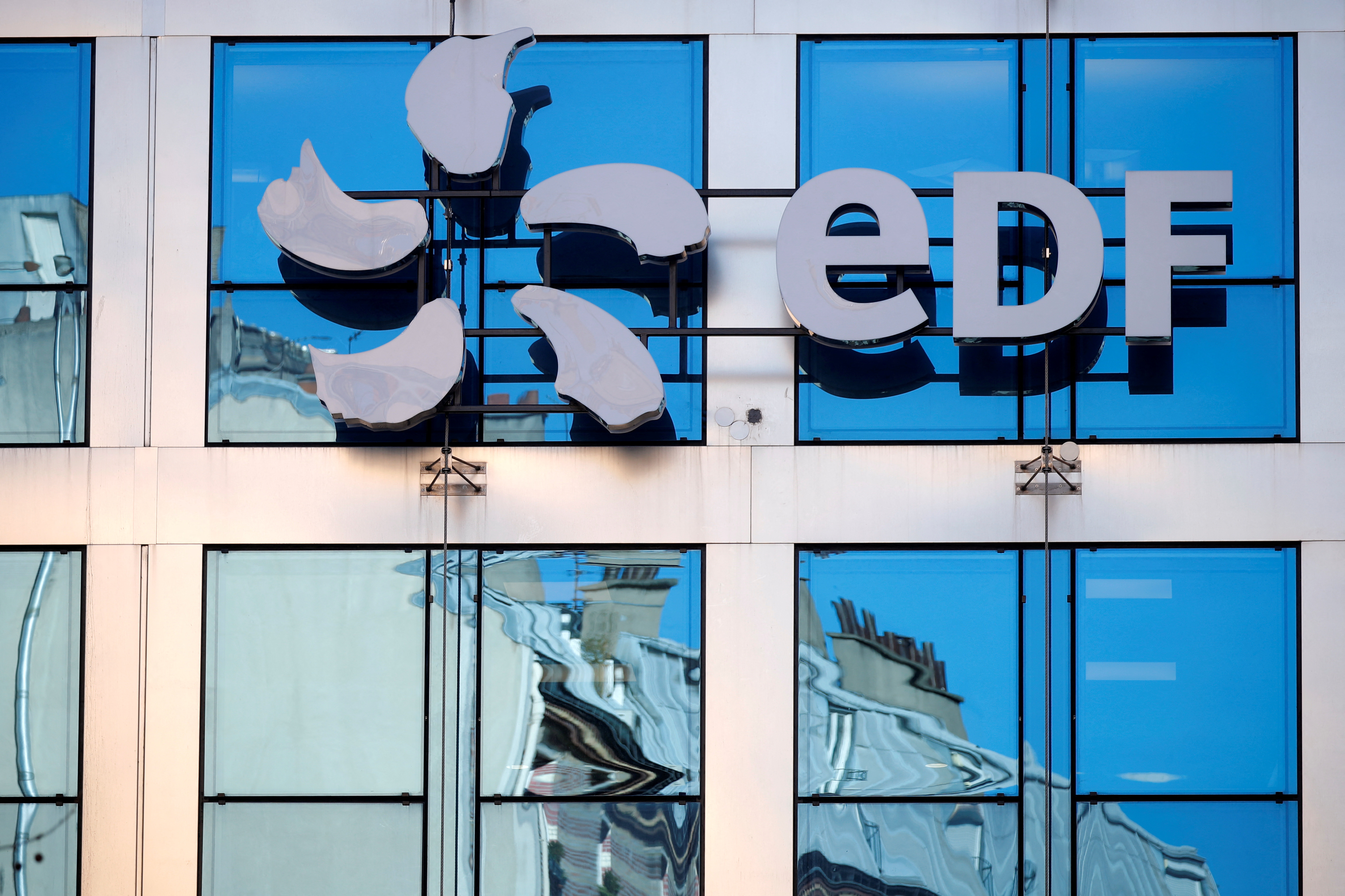The logo of EDF is seen on the French state-controlled utility EDF's headquarters in Paris