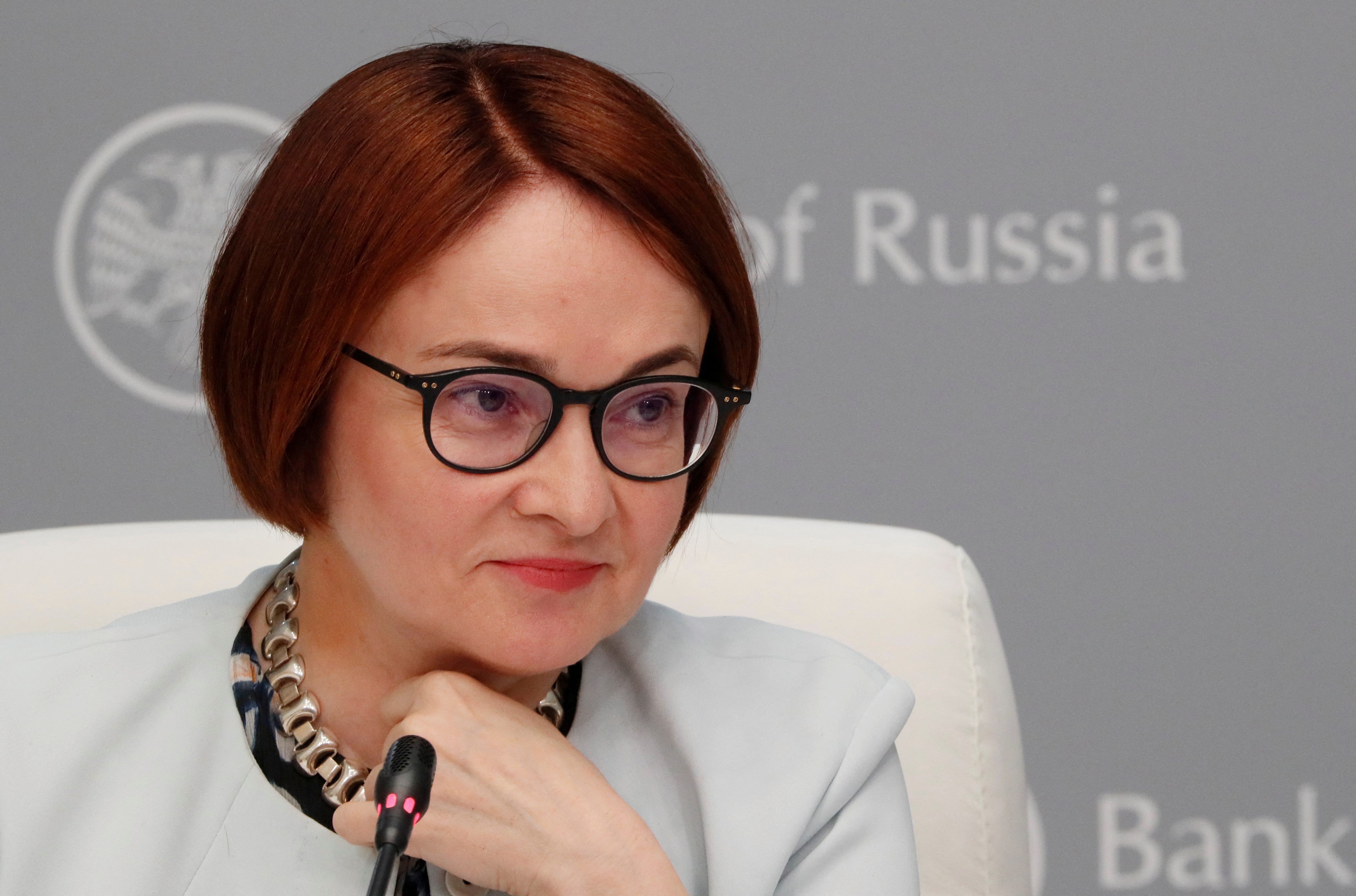 Russian Central Bank Governor Elvira Nabiullina attends a news conference in Moscow