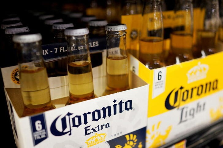 Bottles of the beer, Corona, a brand of Constellation Brands Inc., sit on a supermarket shelf in Los Angeles