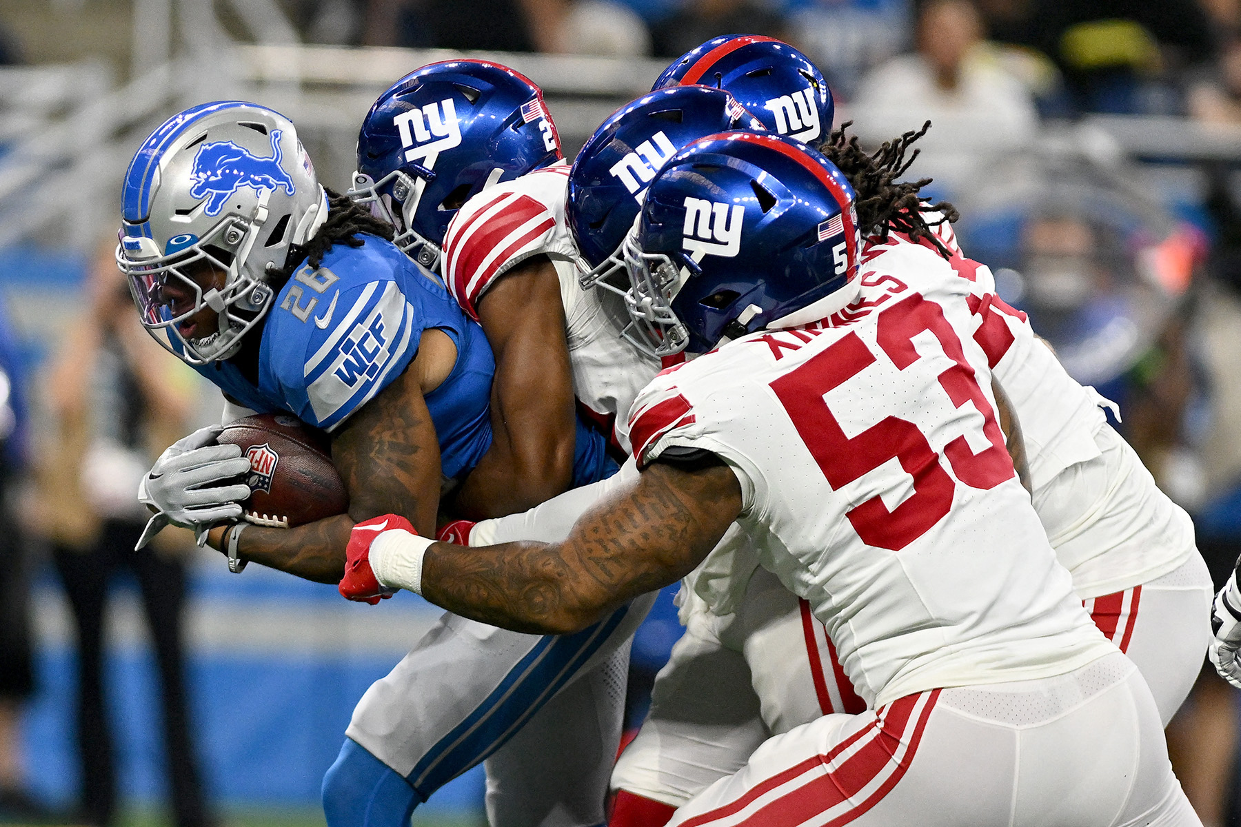 New York Giants vs Detroit Lions Roary the Detroit Lions mascot appears  during an NFL, American