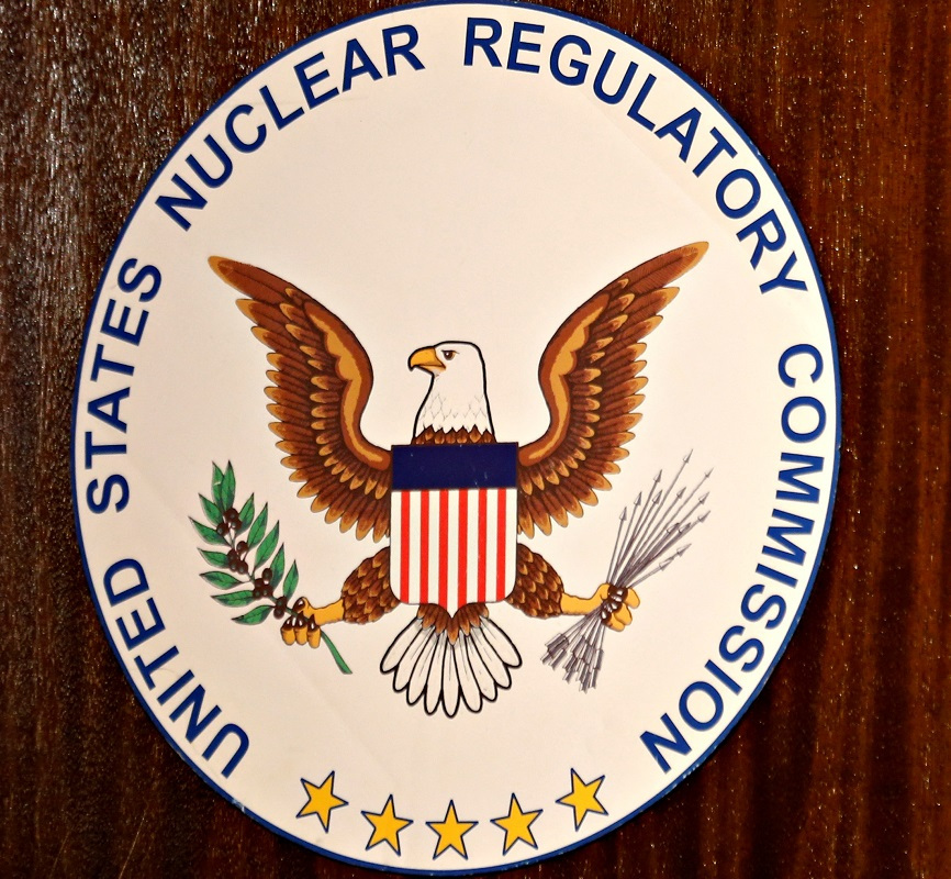 The logo of the U.S. Nuclear Regulatory Commission is shown on the podium at the San Onofre Nuclear Generating Staion in Carlsbad