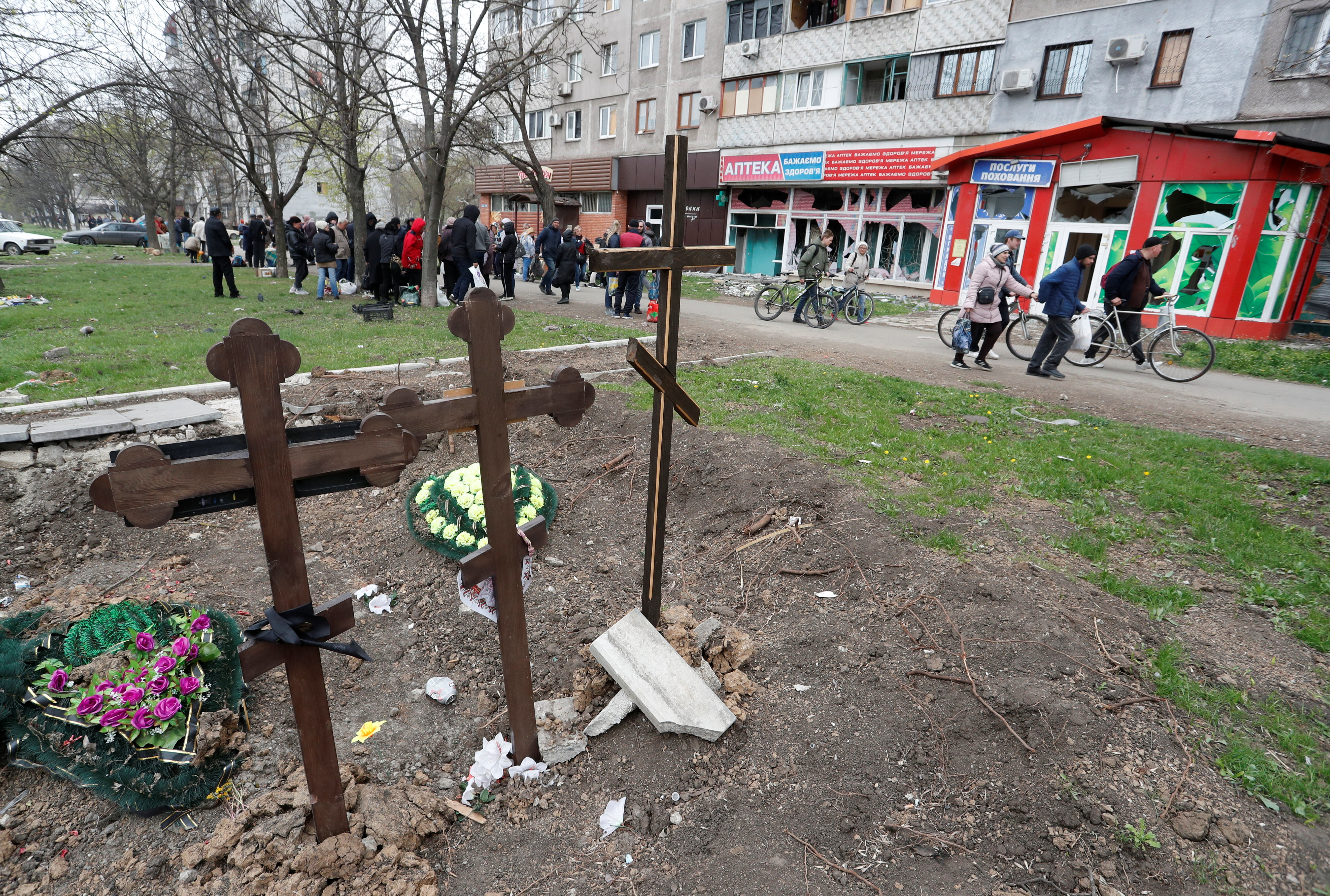A view shows graves of civilians in Mariupol