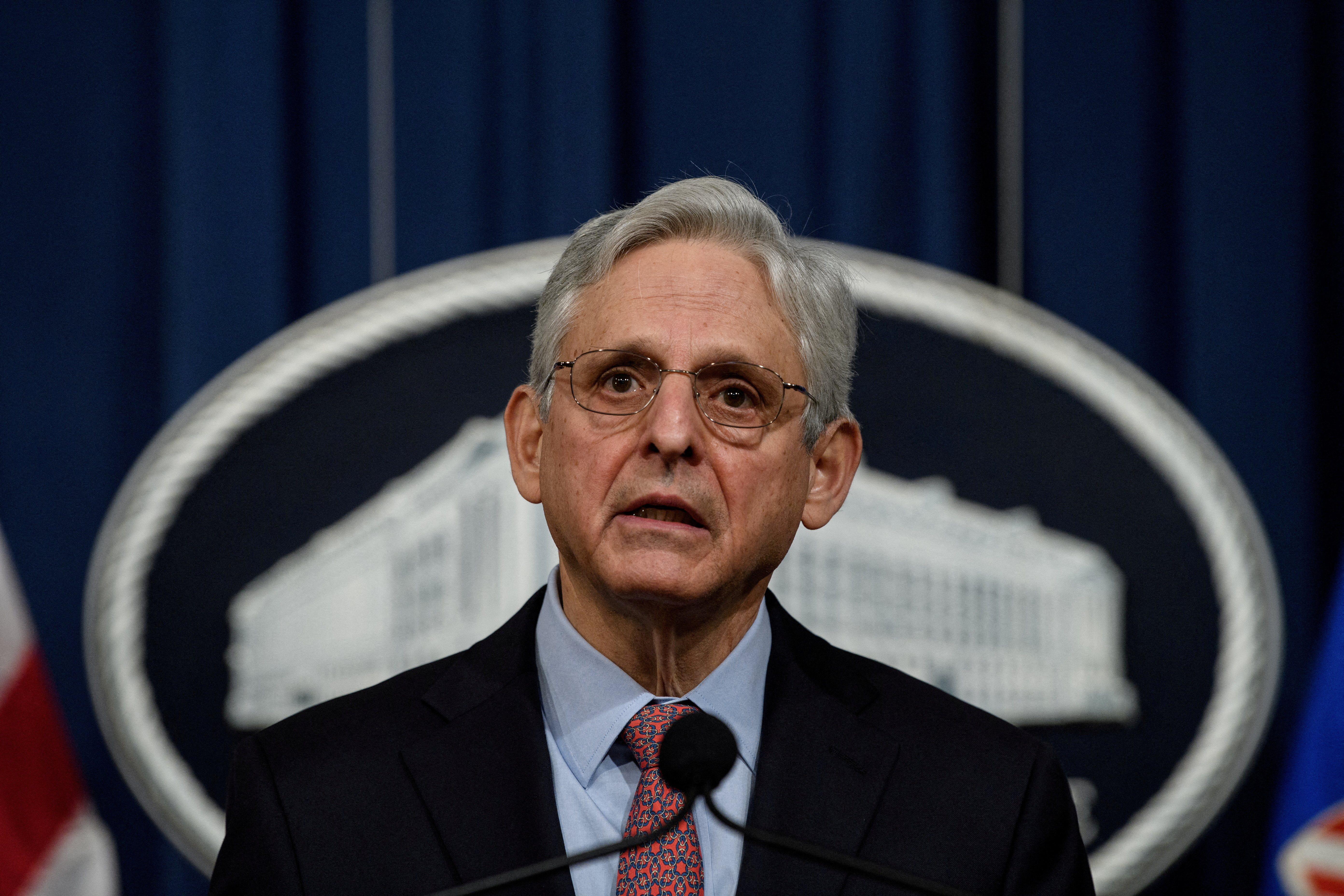 U.S. Attorney General Merrick Garland speaks to the press at the Justice Department, in Washington