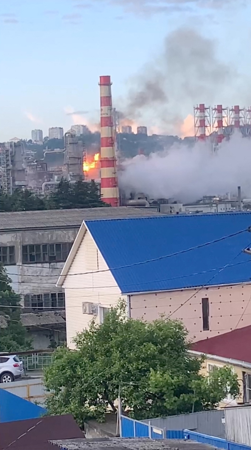 Smoke rises from a fire at an oil refinery, in Tuapse