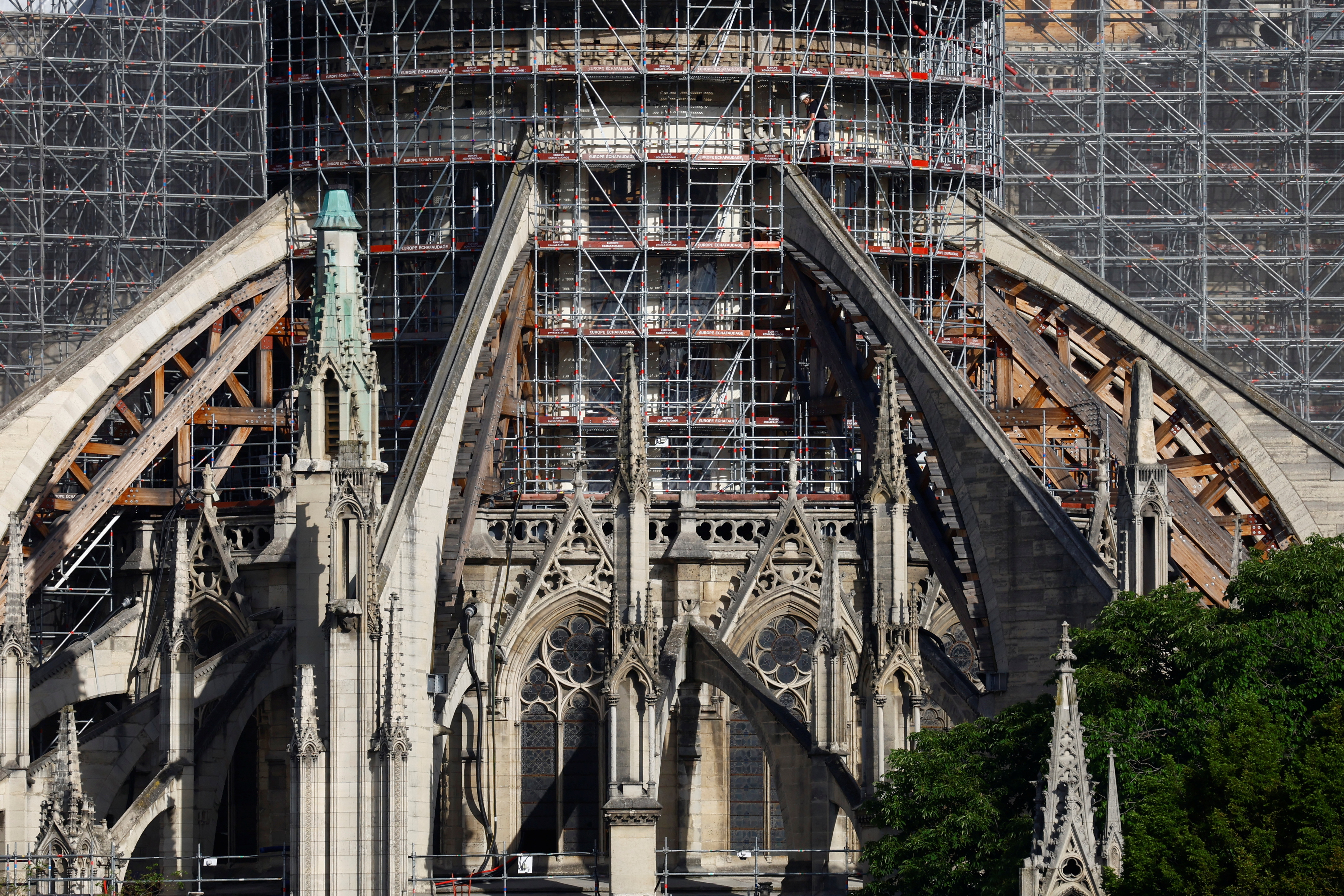 View of the Notre Dame de Paris Cathedral under reconstruction