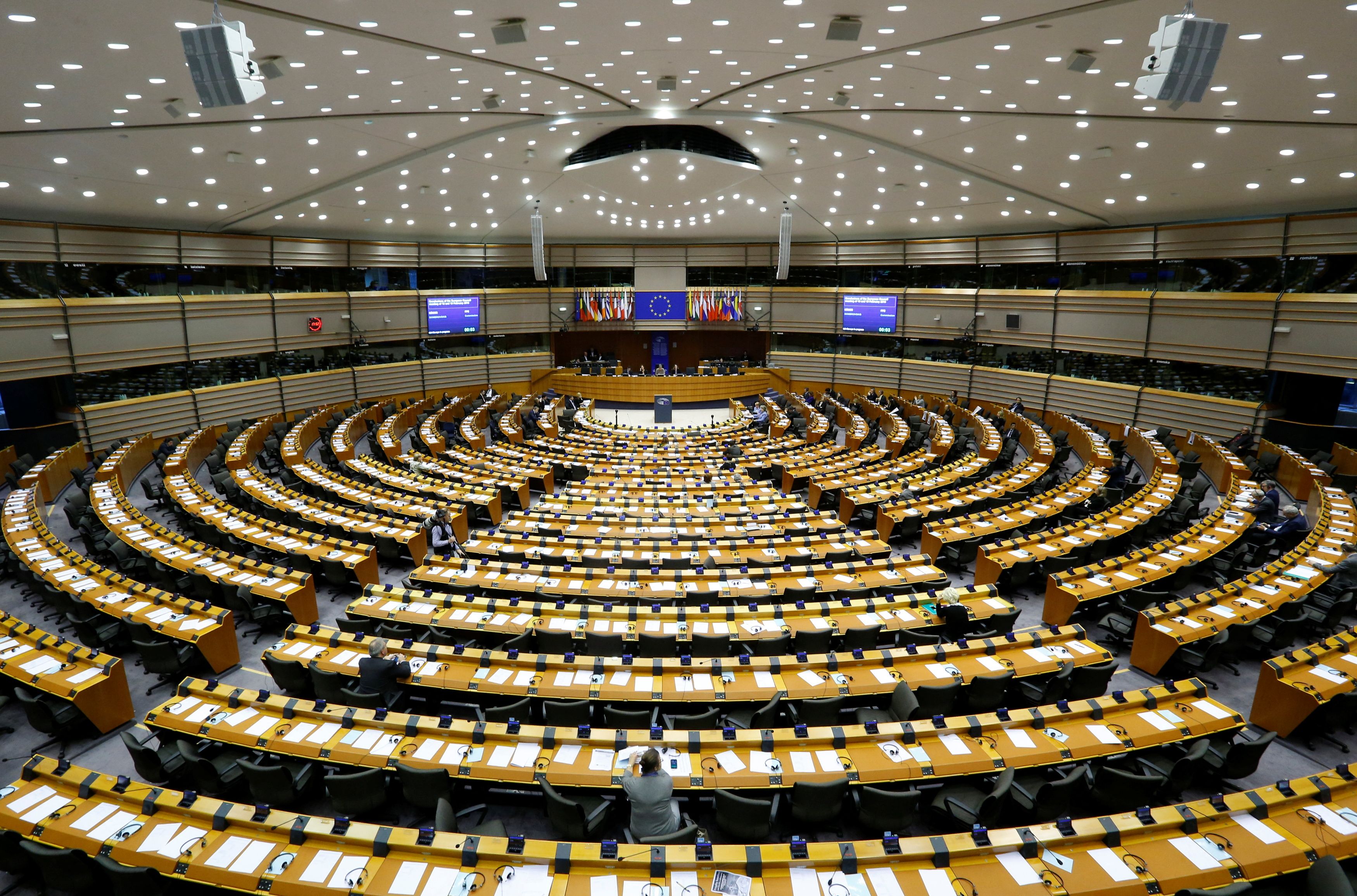 A general view of the hemicycle where plenary sessions are taking place at the European Parliament in Brussels