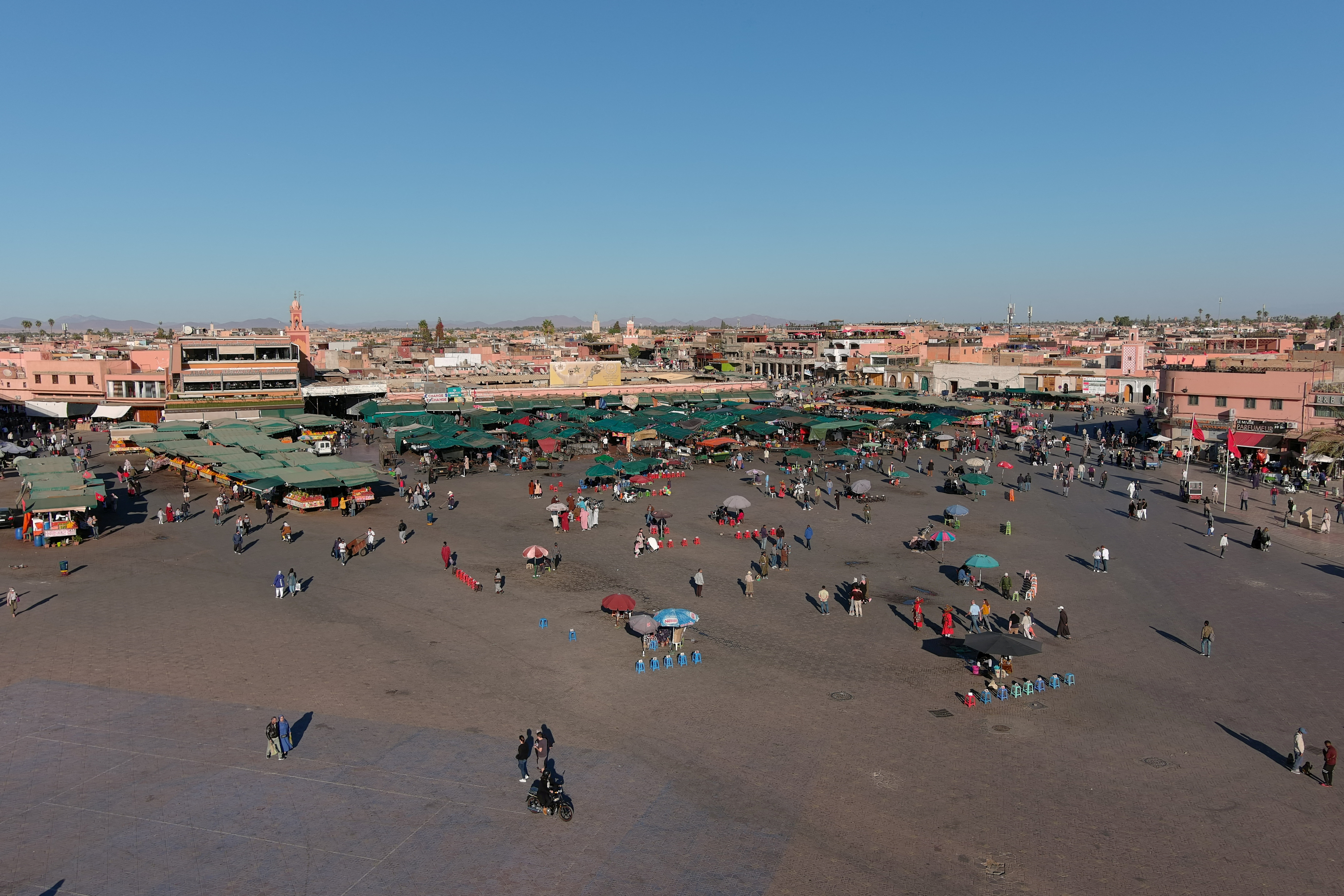 An aerial view of Jemaa el-Fna square and marketplace in Marrakech