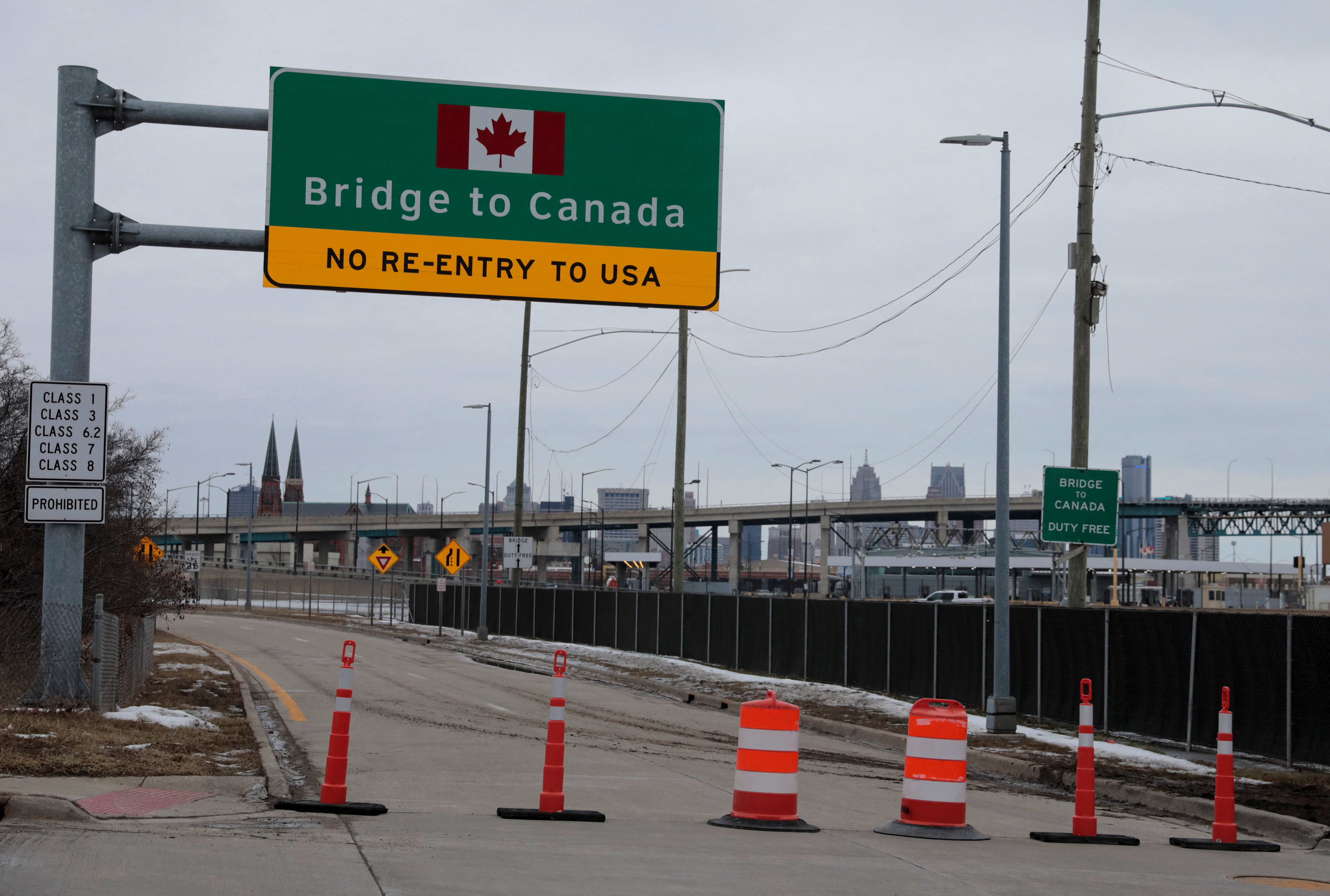 An entrance ramp to the Ambassador Bridge is seen closed in Detroit