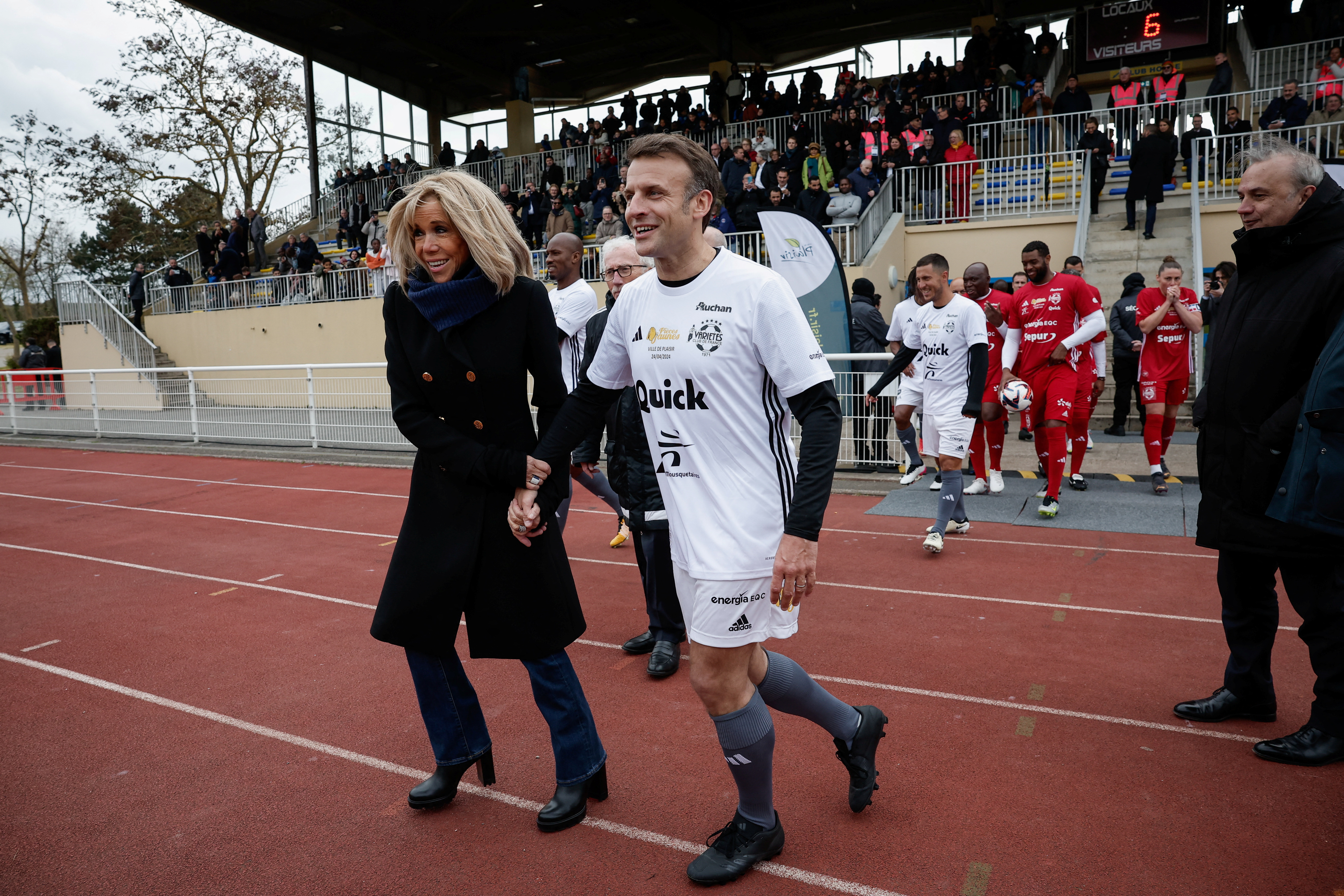 French President Macron participates in the Varietes Club charity football match, in Plaisir