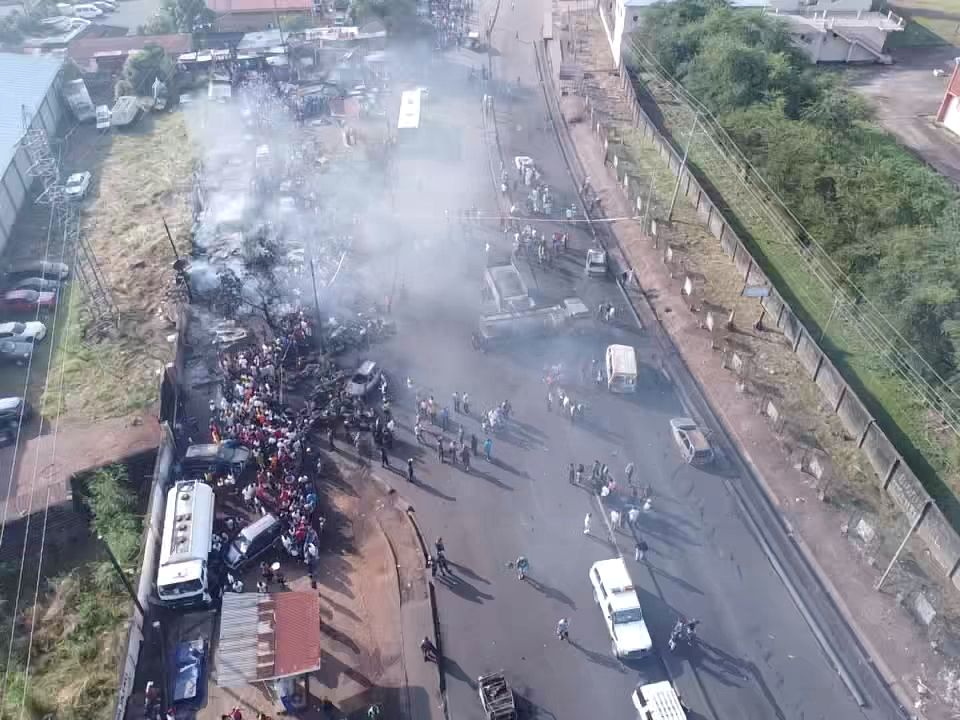 An accident scene is pictured after a fuel tanker explosion in Freetown, Sierra Leone November 6, 2021. Picture taken with a drone. National Disaster Management Agency-Sierra Leone/Handout via REUTERS   