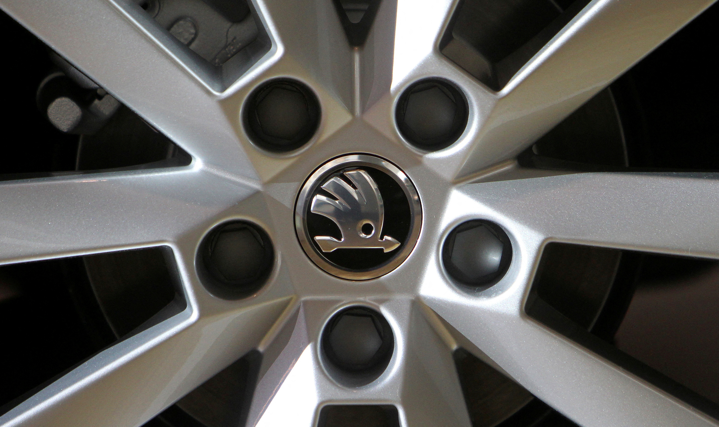 A logo is seen on a wheel of a Skoda Octavia car after a presentation of the company's annual results in Mlada Boleslav