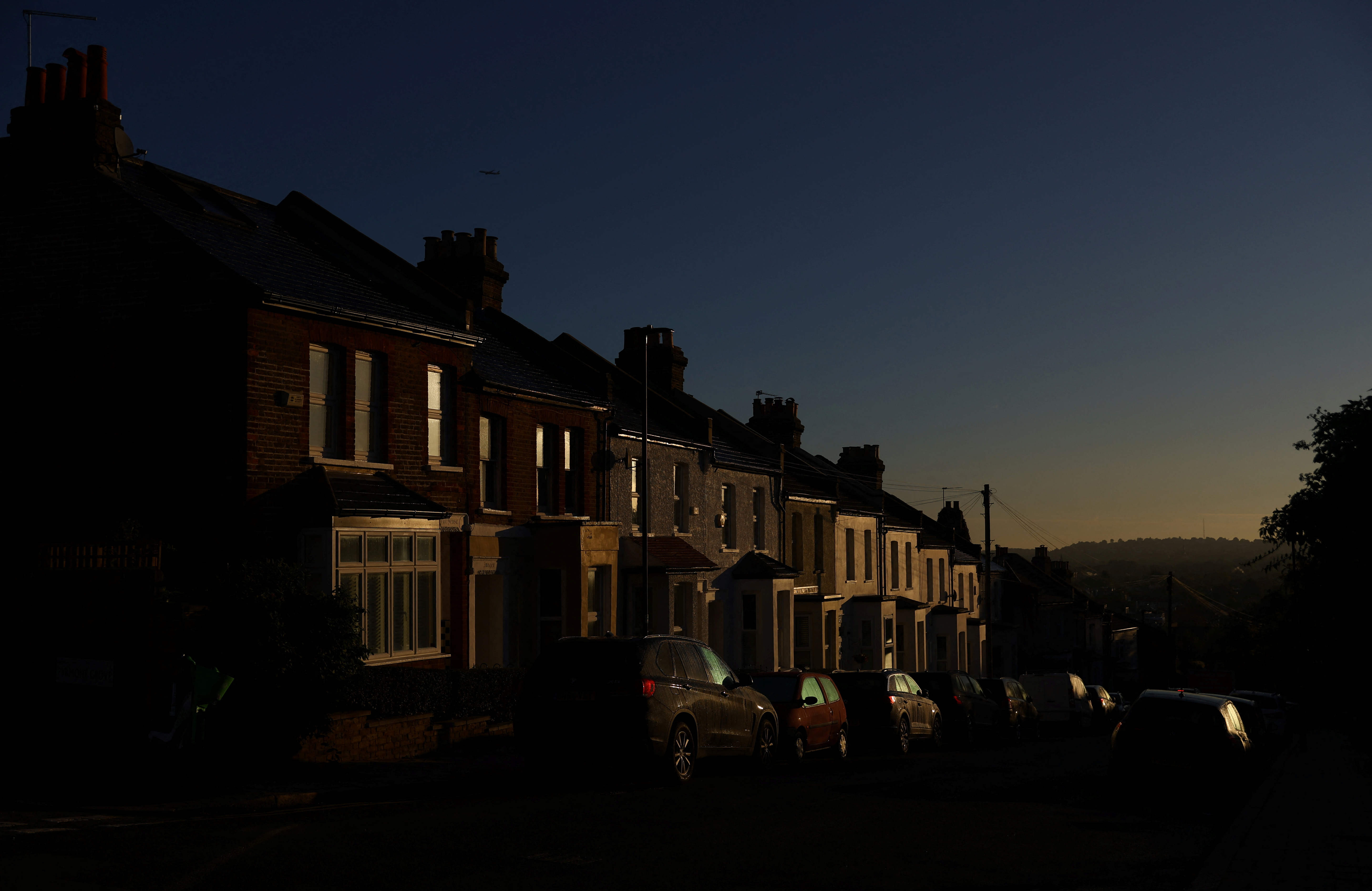 A row of residential houses are seen during sunrise in London