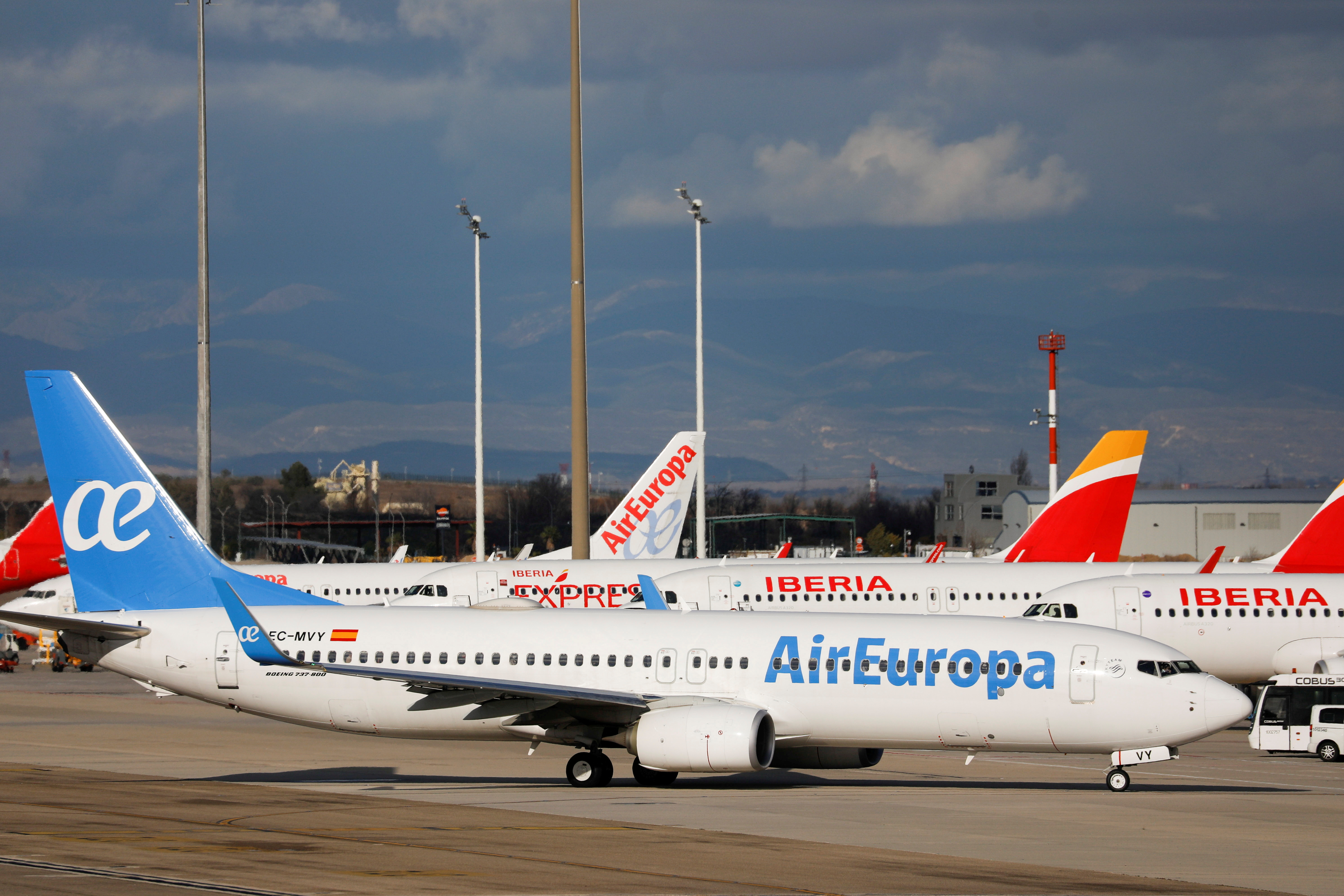 Iberia and Air Europa planes parked at Adolfo Suarez Barajas airport