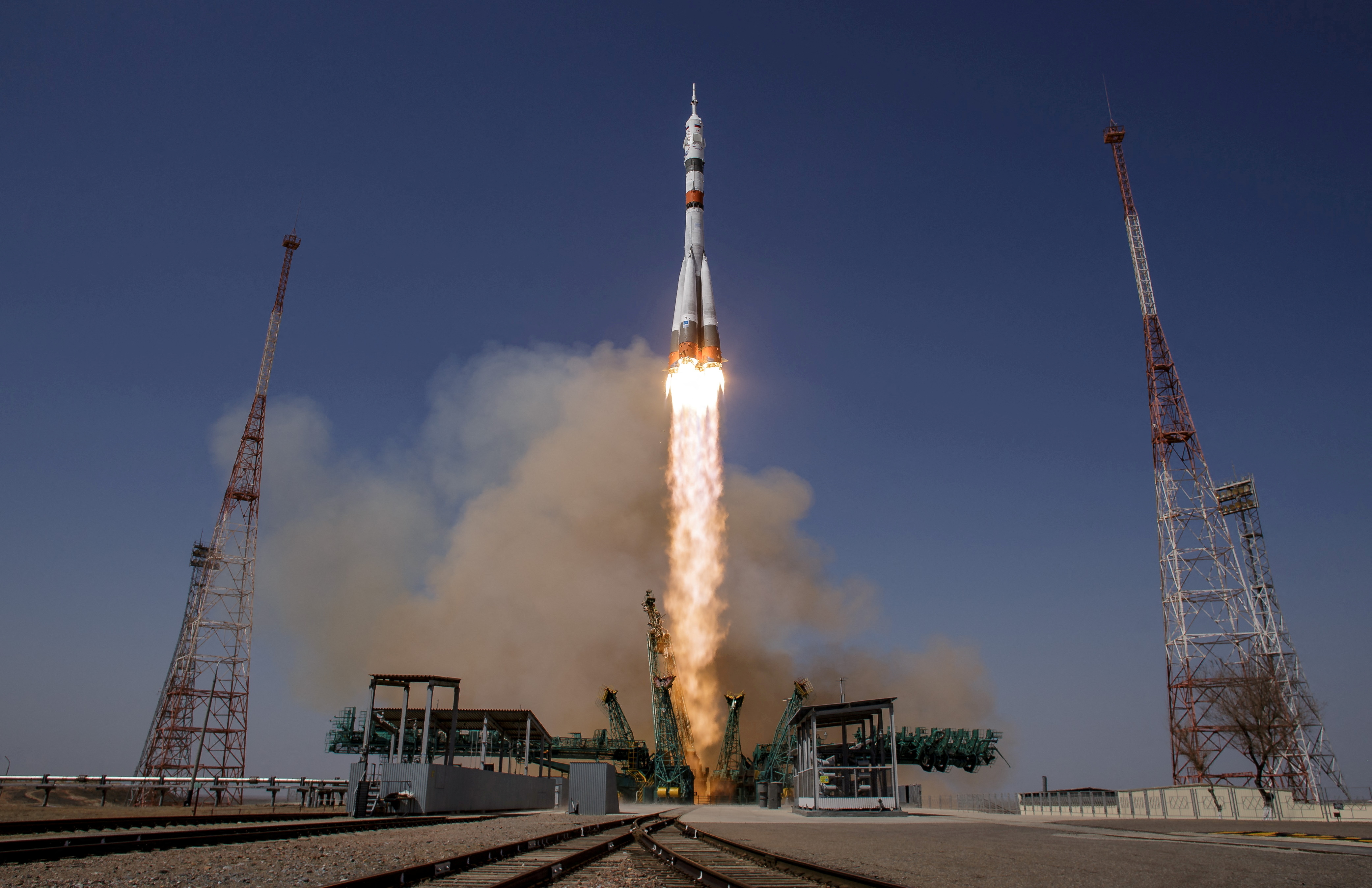 Soyuz MS-18 spacecraft carrying ISS crew blasts off from the launchpad at the Baikonur Cosmodrome