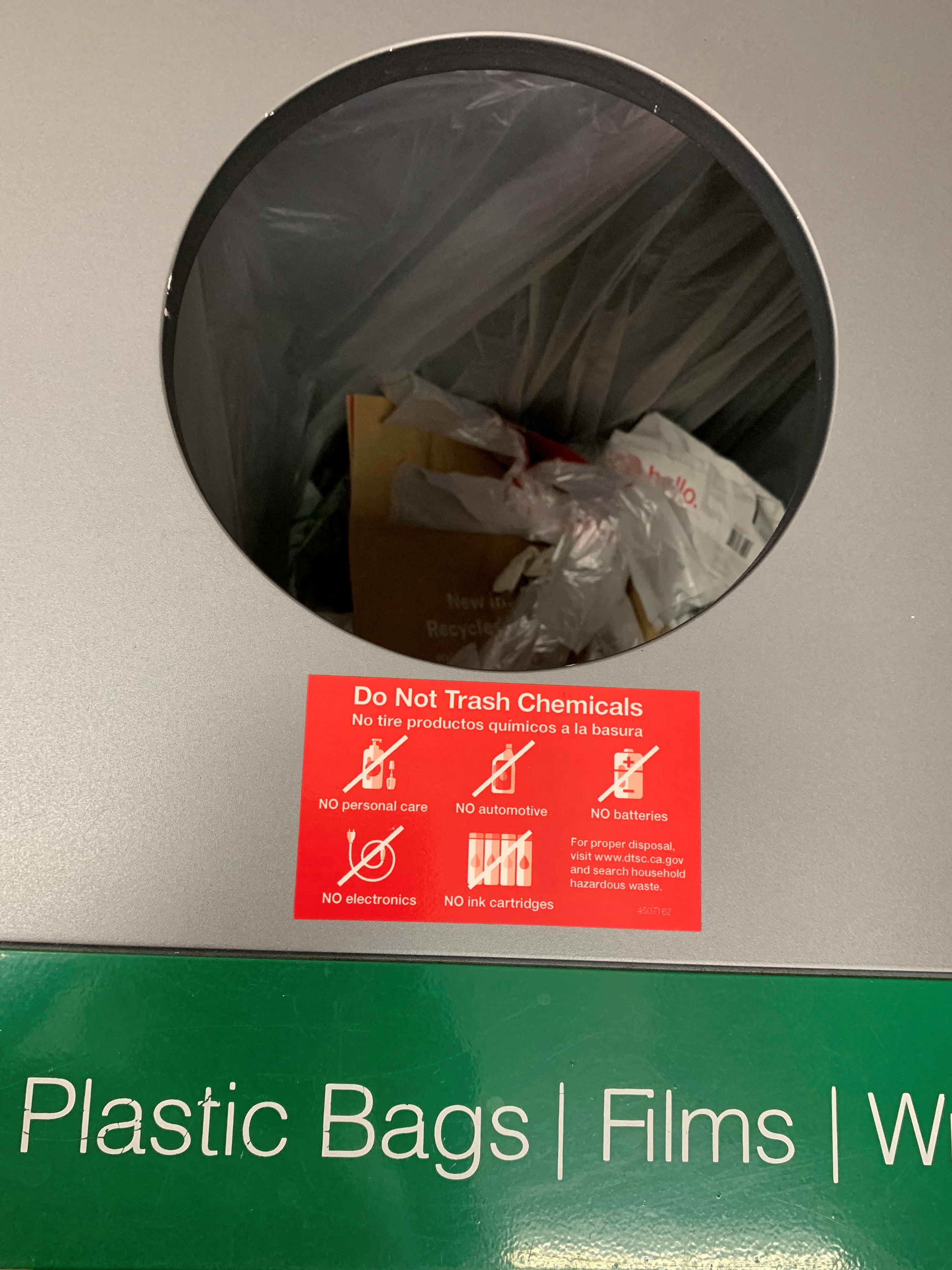 Contamination at a plastic bag store take-back recycling bin at Target in Irvine, California, U.S. in this undated handout. Jan Dell/Handout via REUTERS