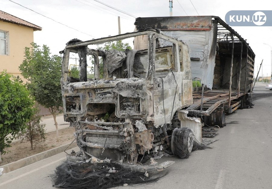 A view shows a truck which was burnt during protests in Nukus, capital of the northwestern Karakalpakstan region