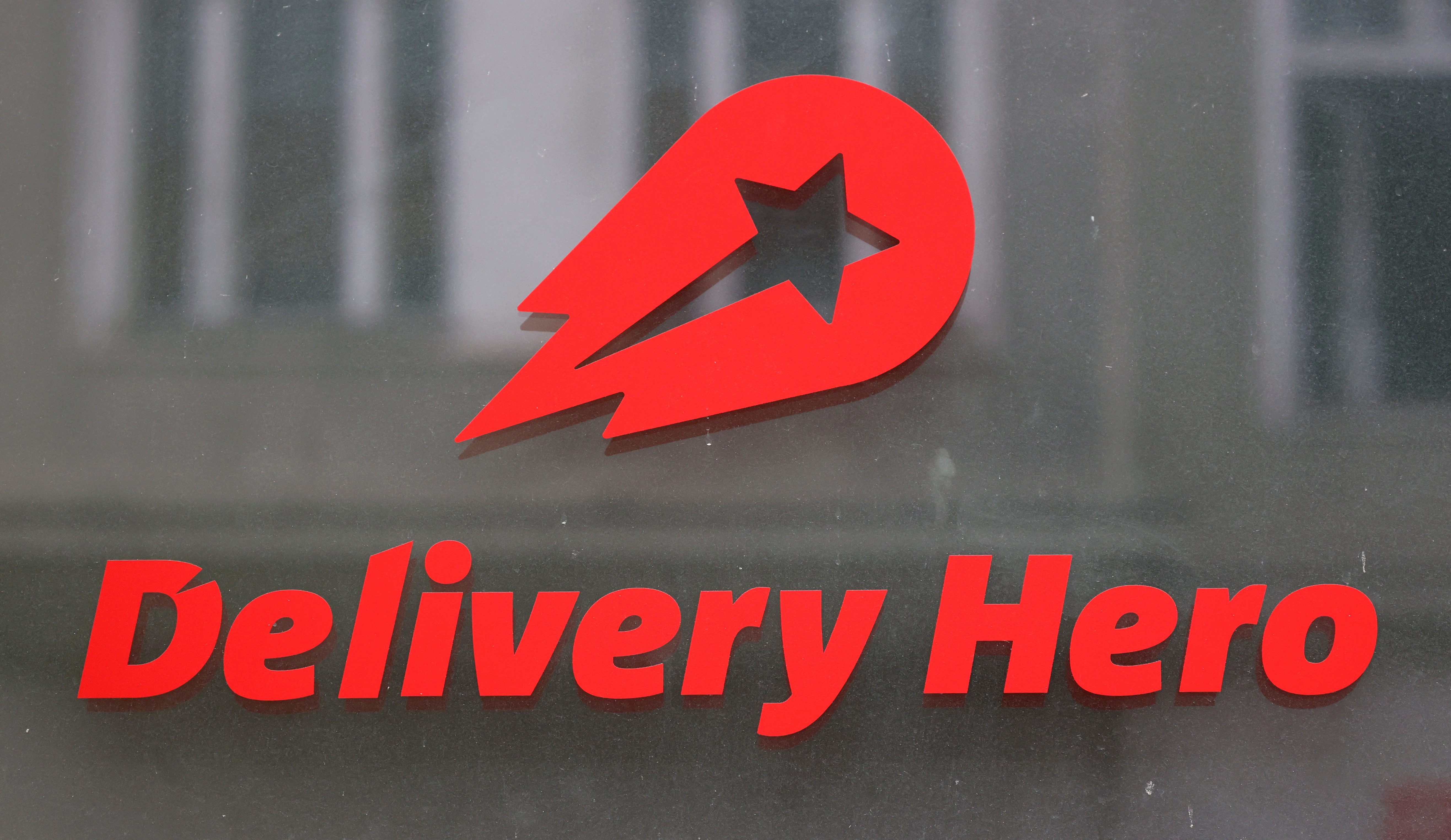 The Delivery Hero's logo is pictured at its headquarters in Berlin