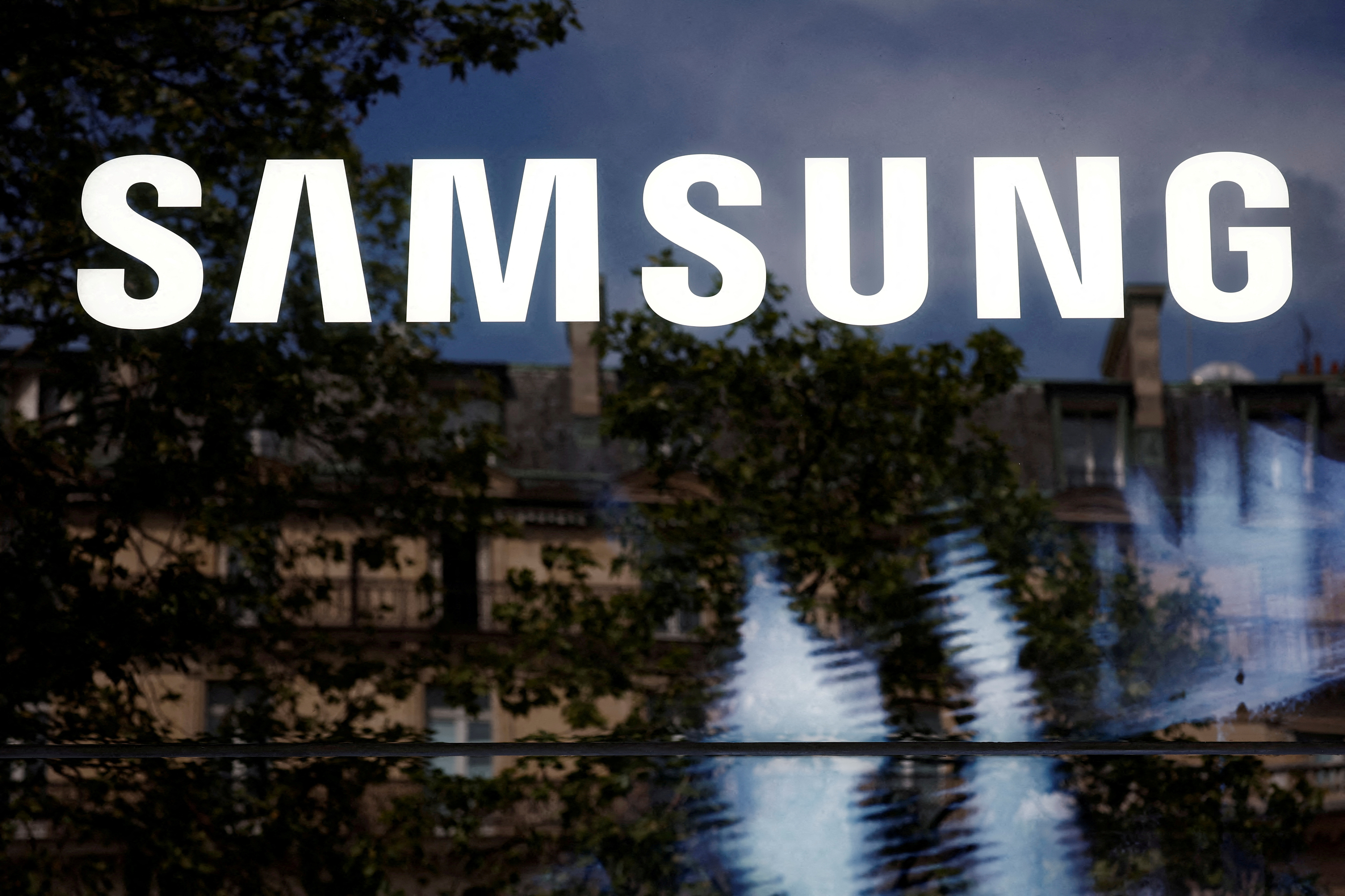 The Samsung logo is pictured at the Samsung Galaxy innovation space on the Champs-Elysees avenue in Paris