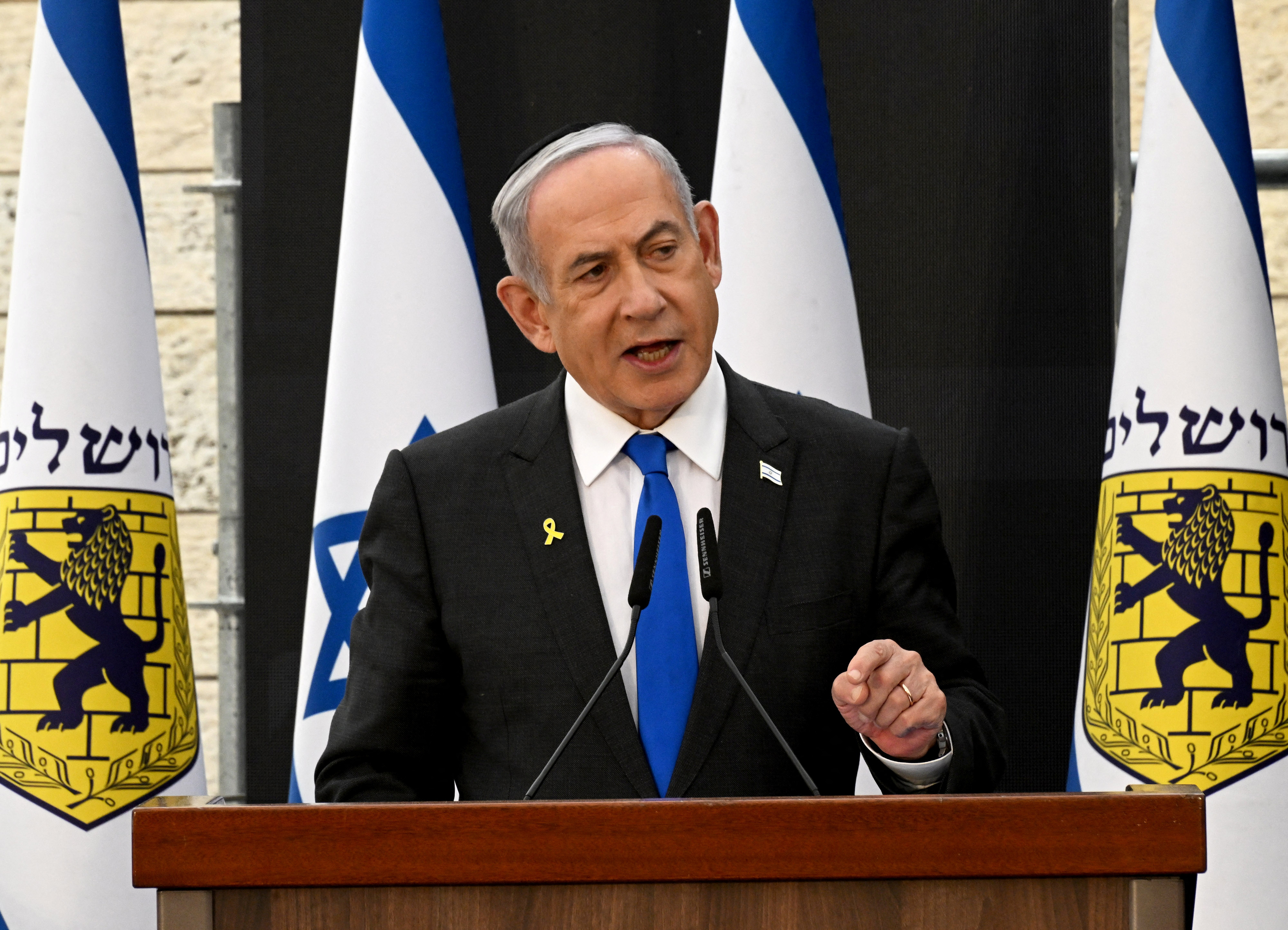 Israeli Prime Minister Benjamin Netanyahu speaks at a Remembrance Day Ceremony In Jerusalem