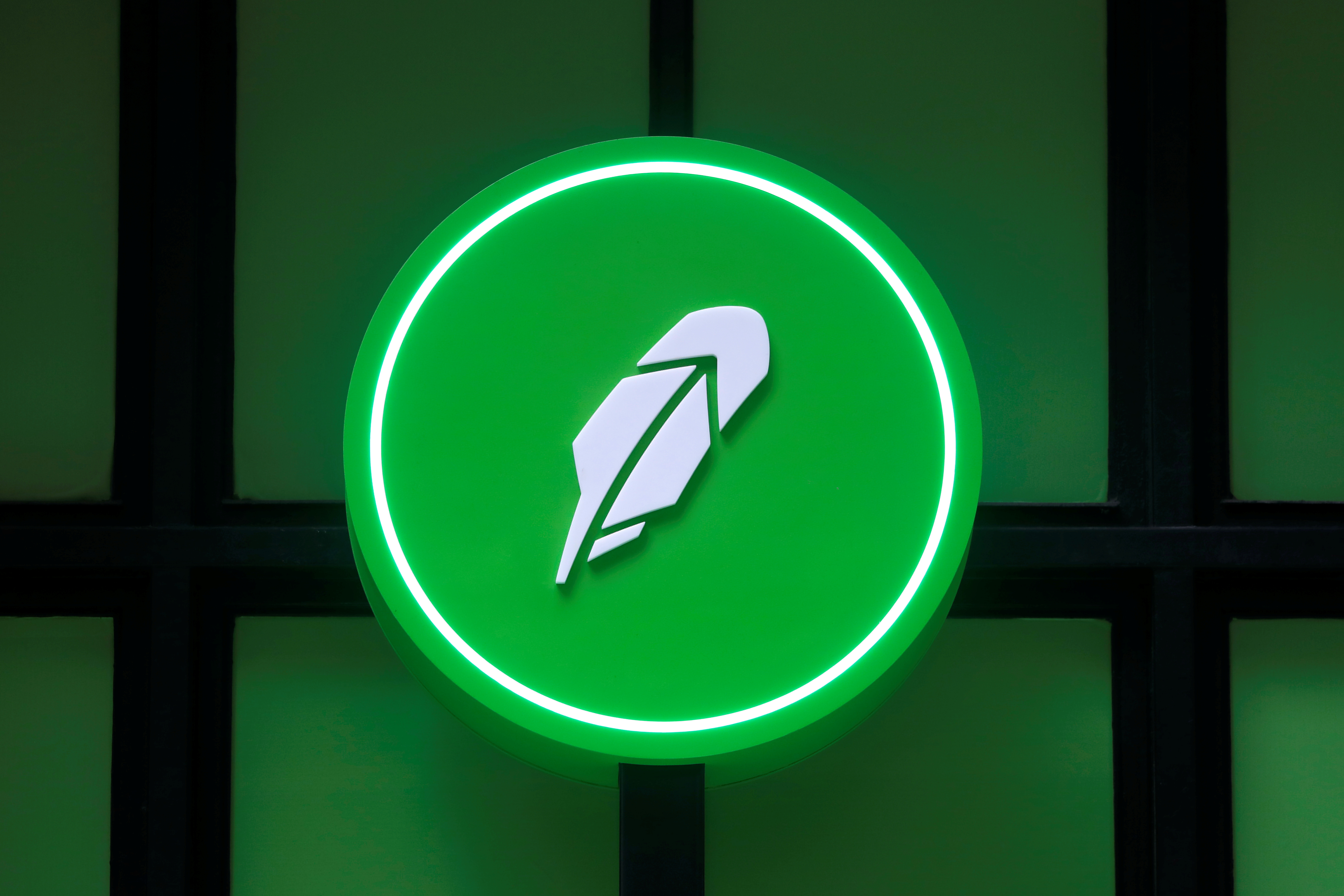 The logo of Robinhood Markets, Inc. is seen at a pop-up event on Wall Street after the company's IPO in New York City