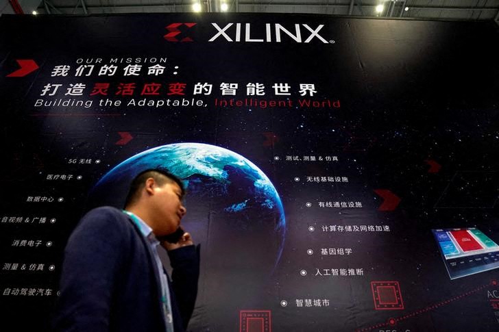 A Xilinx sign is seen during the China International Import Expo (CIIE), at the National Exhibition and Convention Center in Shanghai
