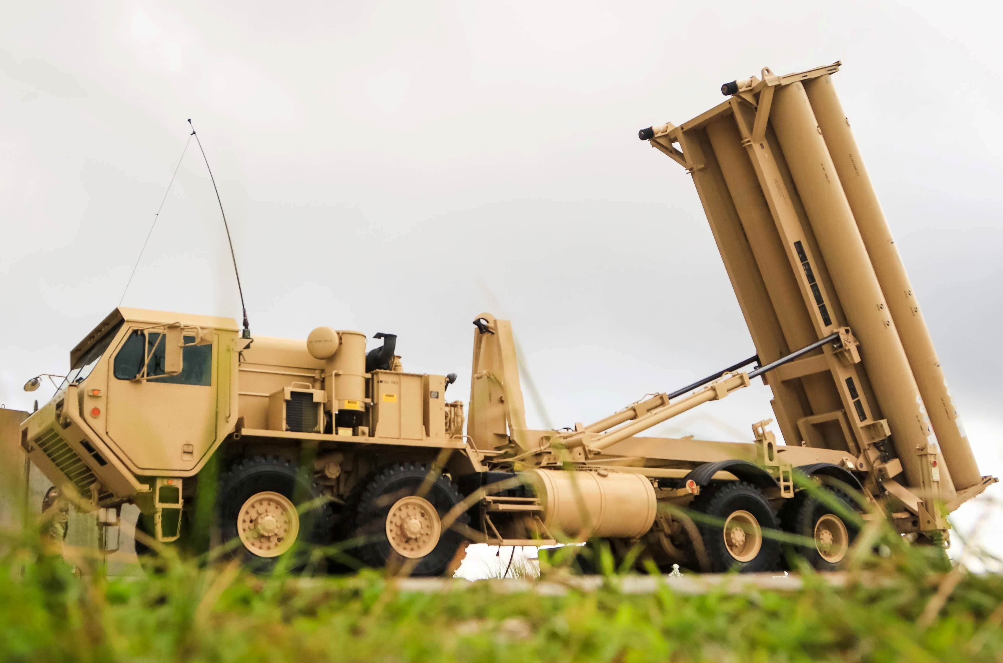 A U.S. Army Terminal High Altitude Area Defense (THAAD) weapon system is seen on Andersen Air Force Base