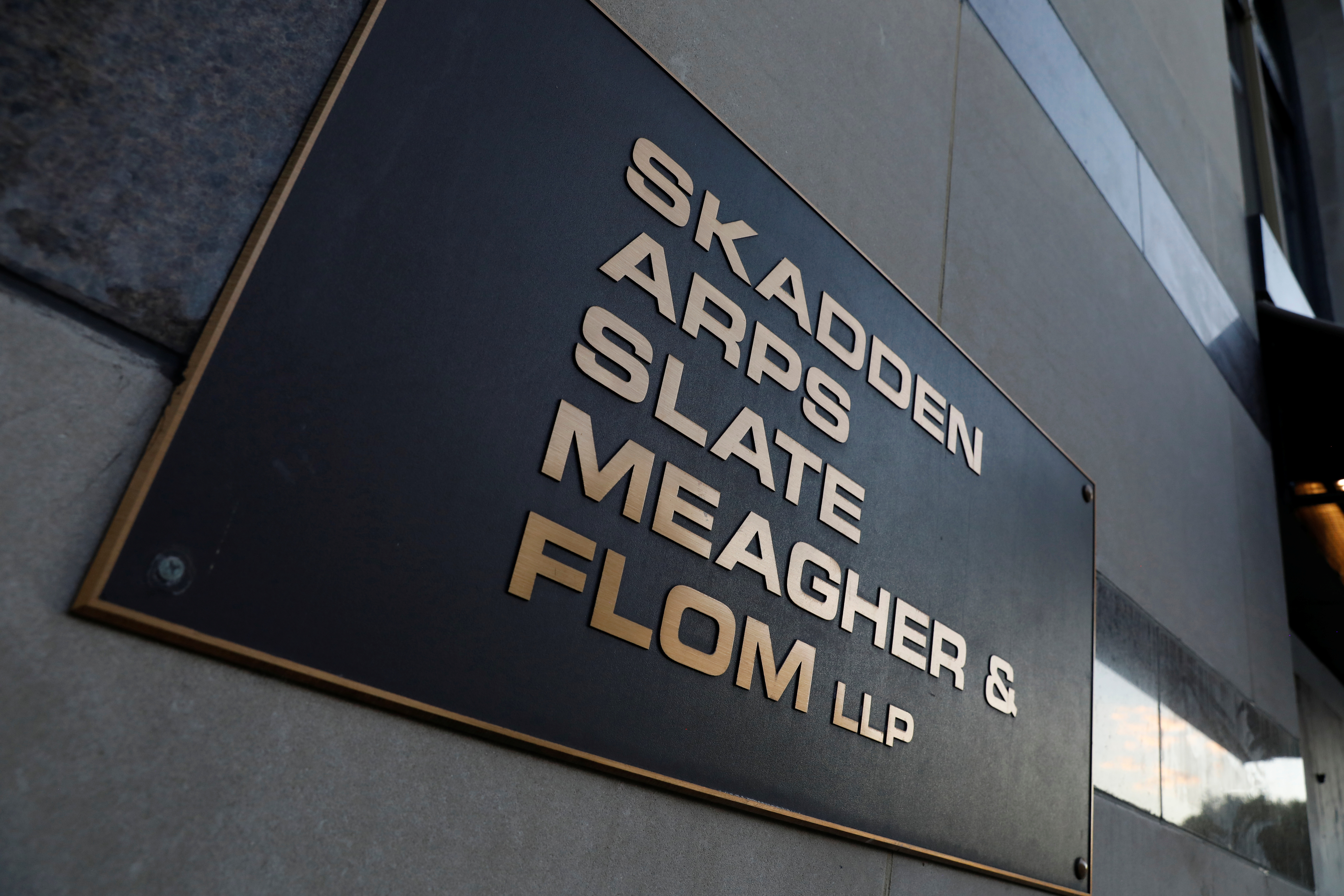 Signage is seen outside of the law firm Skadden, Arps, Slate, Meagher & Flom LLP in Washington, D.C.
