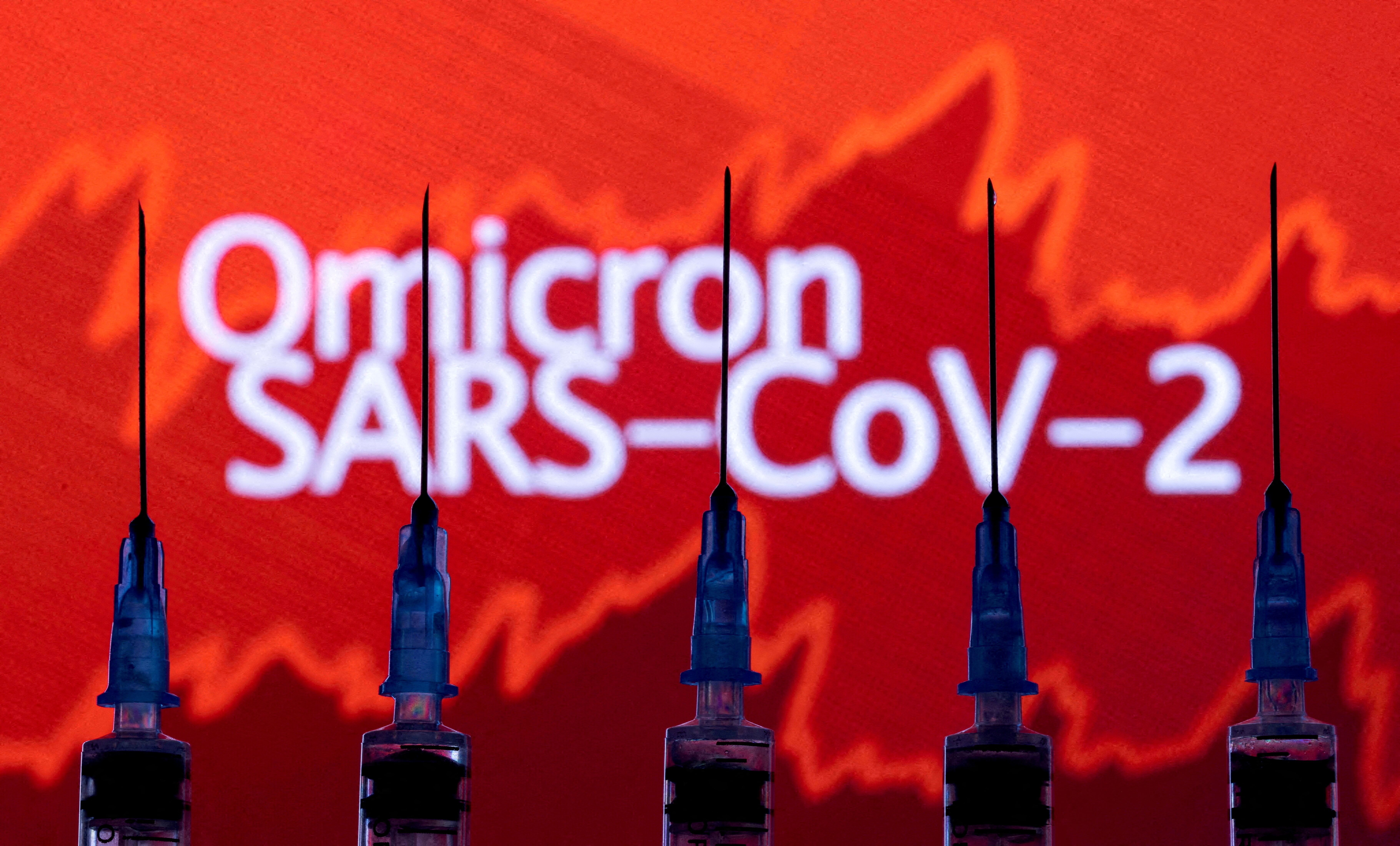 Syringes with needles are seen in front of a displayed stock graph and words "Omicron SARS-CoV-2" in this illustration taken