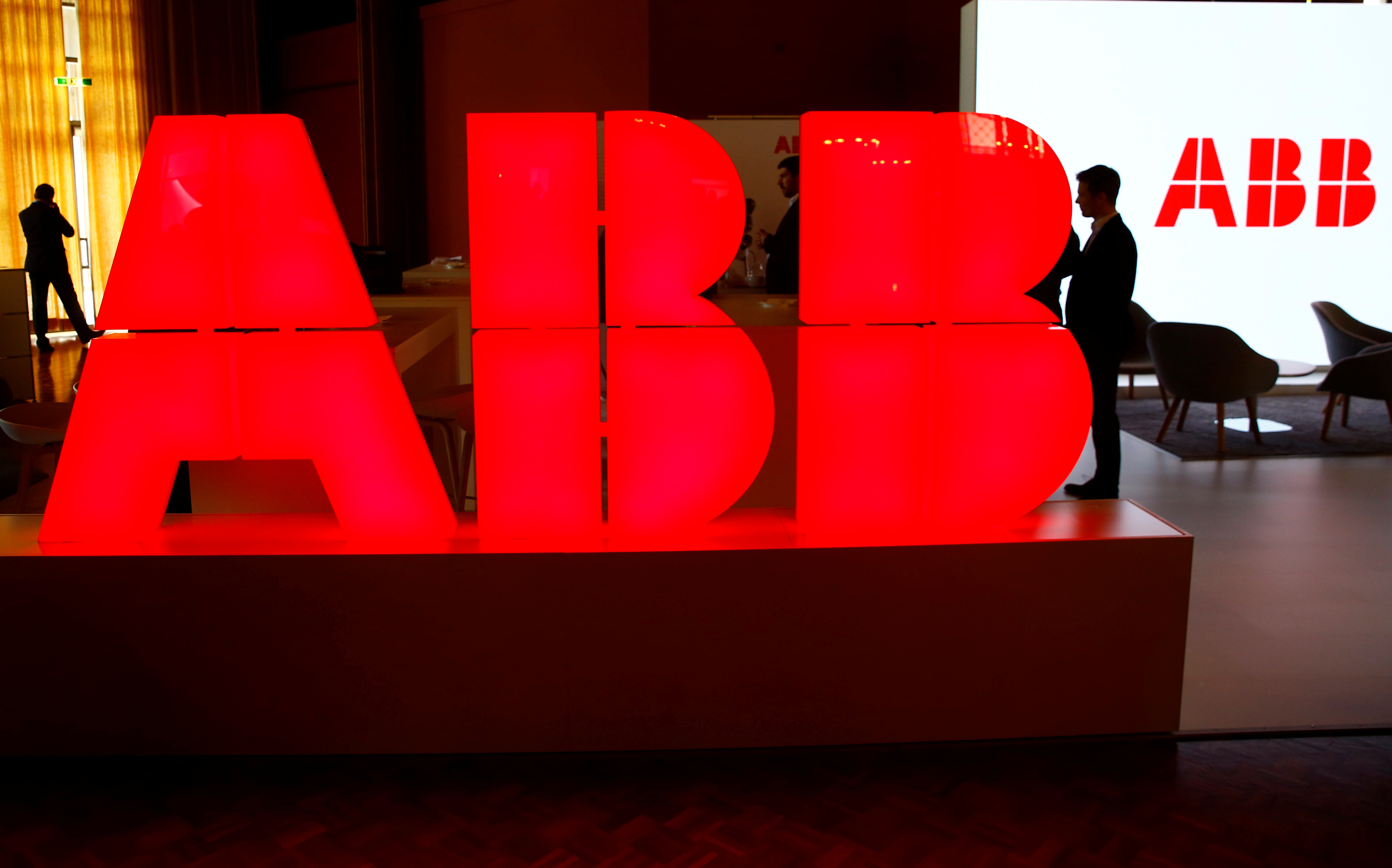 Logo of Swiss power technology and automation group ABB is seen at the Swiss Economic Forum conference in Interlaken