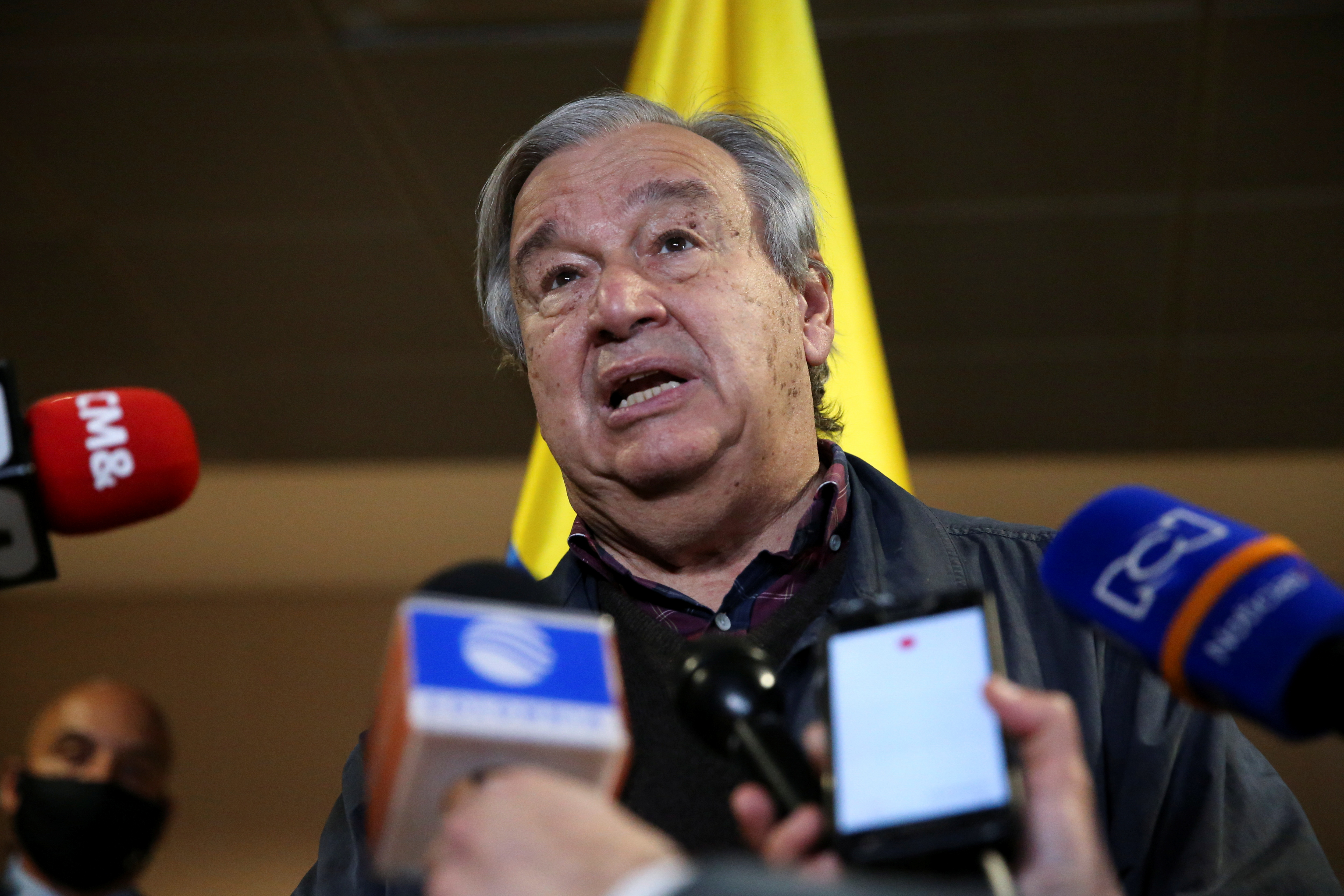 UN Secretary General Antonio Guterres speaks to the press as he arrives in Colombia to commemorate the fifth anniversary of the signing of the peace agreement between the Colombian government and the Revolutionary Armed Forces of Colombia, in Bogota