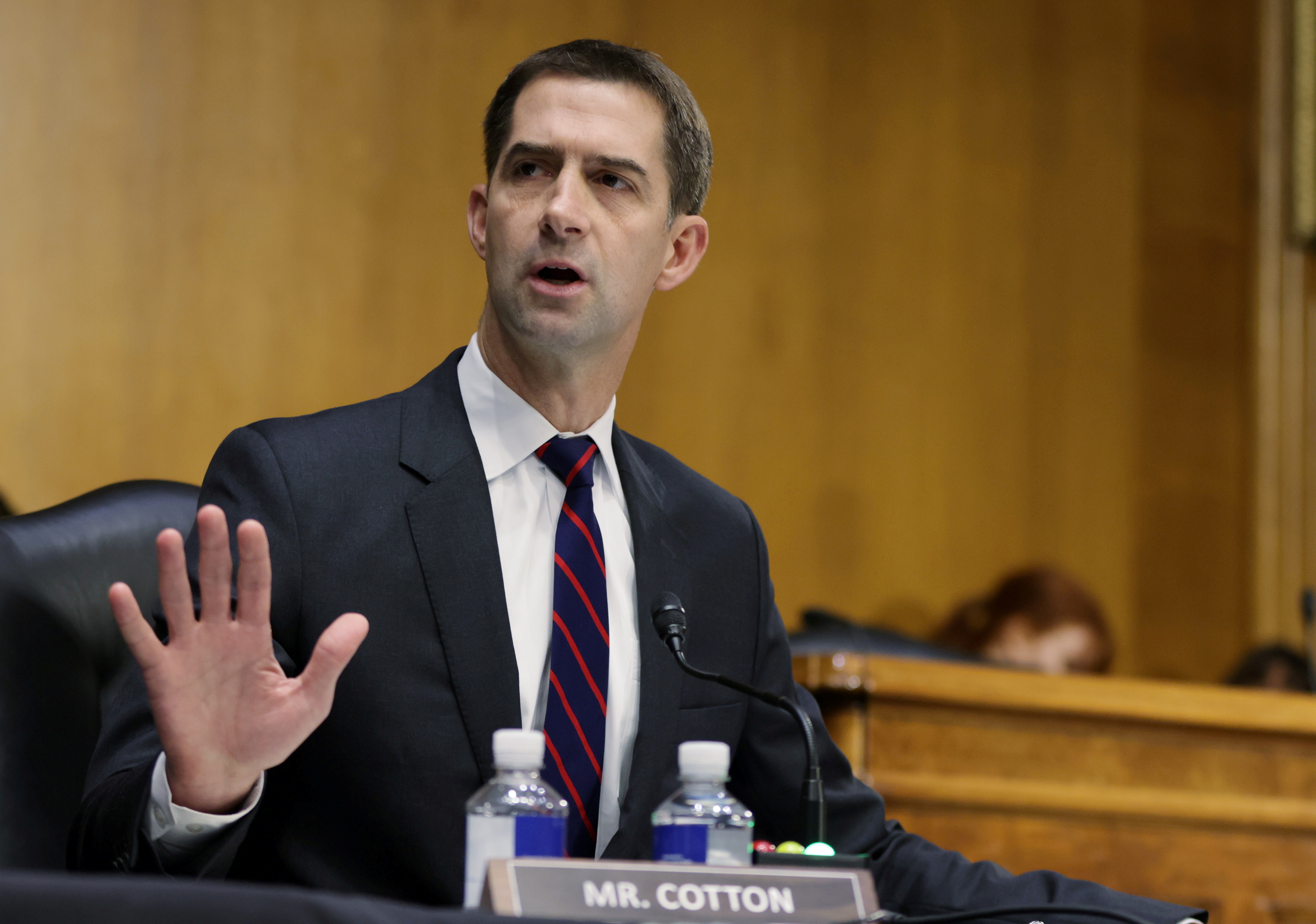 Senator Tom Cotton, R-AR, questions U.S. Attorney General Merrick Garland during a Senate Judiciary Committee hearing examining the Department of Justice on Capitol Hill in Washington
