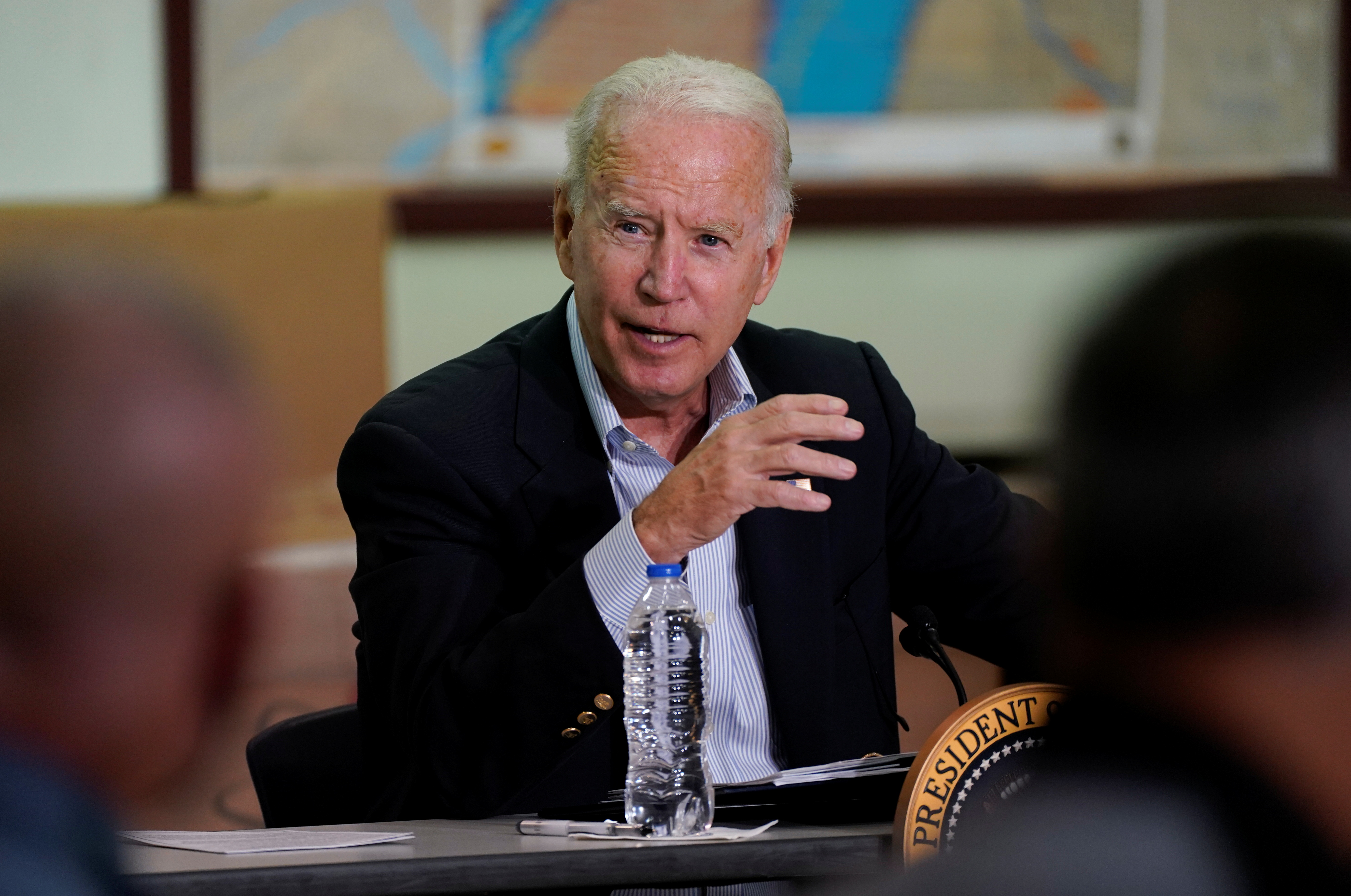 U.S. President Joe Biden speaks during a briefing by local leaders on the impact of the remnants of Tropical Storm Ida at Somerset County Emergency Management Training Center in Hillsborough Township, New Jersey, U.S., September 7, 2021. REUTERS/Elizabeth Frantz