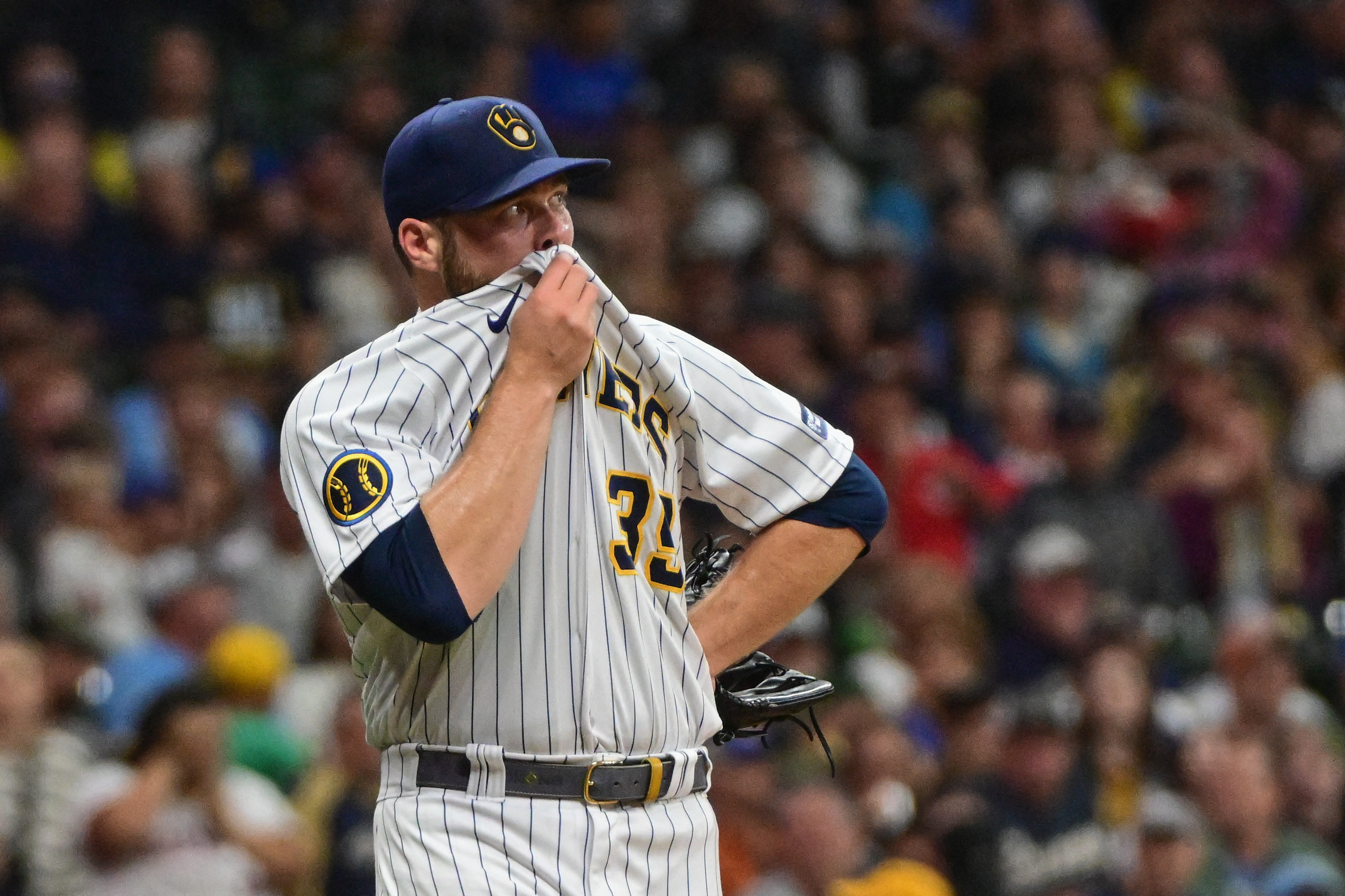 Milwaukee Brewers' Mark Canha hits a single during the sixth inning of a  baseball game against the Washington Nationals Sunday, Sept. 17, 2023, in  Milwaukee. (AP Photo/<orry Gash Stock Photo - Alamy