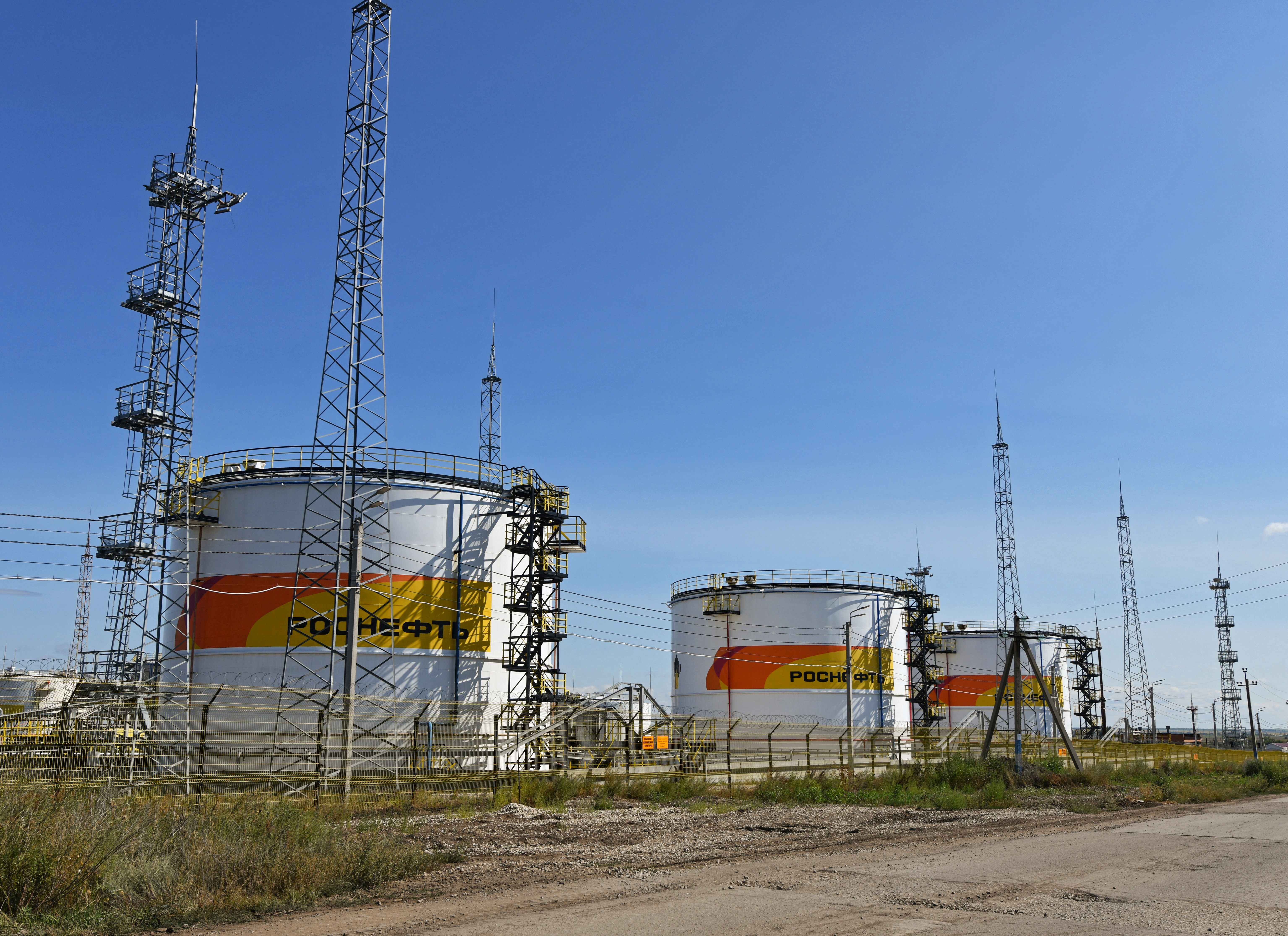 A view shows fuel tanks at a Rosneft's facility outside Neftegorsk