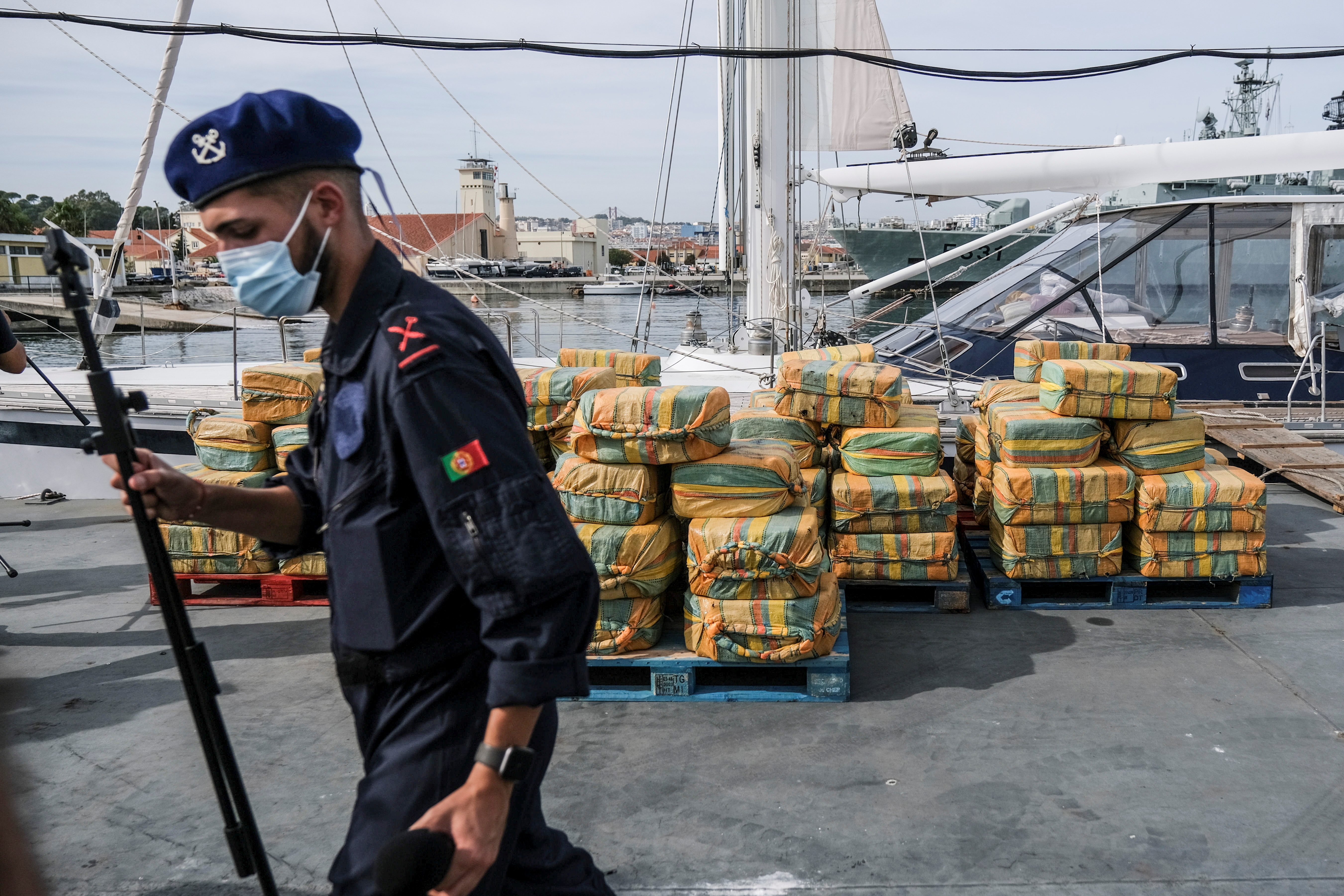 Portuguese and Spanish police attend a news conference presenting the 5.2 tons of cocaine seized in the Atlantic Ocean, in Almada
