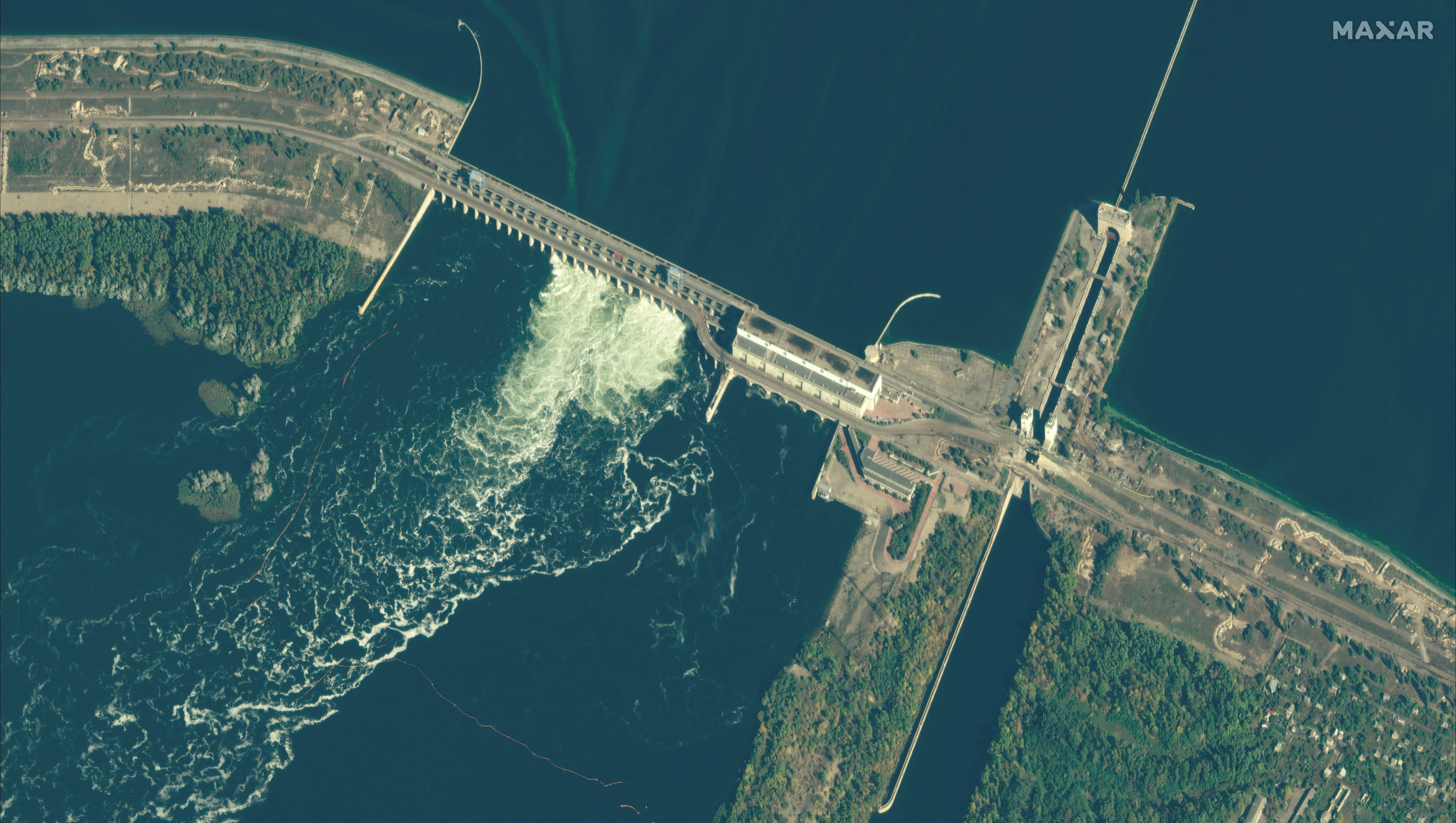 Satellite image shows the Kakhovka dam on the Dnipro River in Ukraine