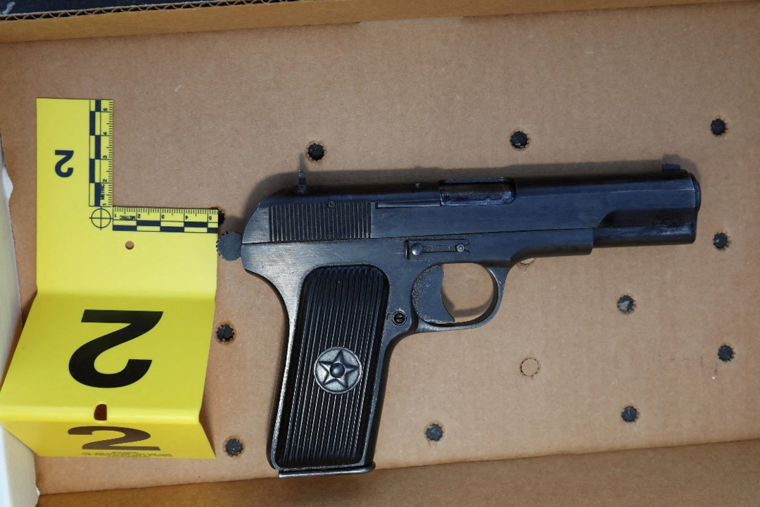 A firearm, registered to the suspect of a mass shooting during Chinese Lunar New Year celebrations in Monterey Park, is pictured in this undated handout image
