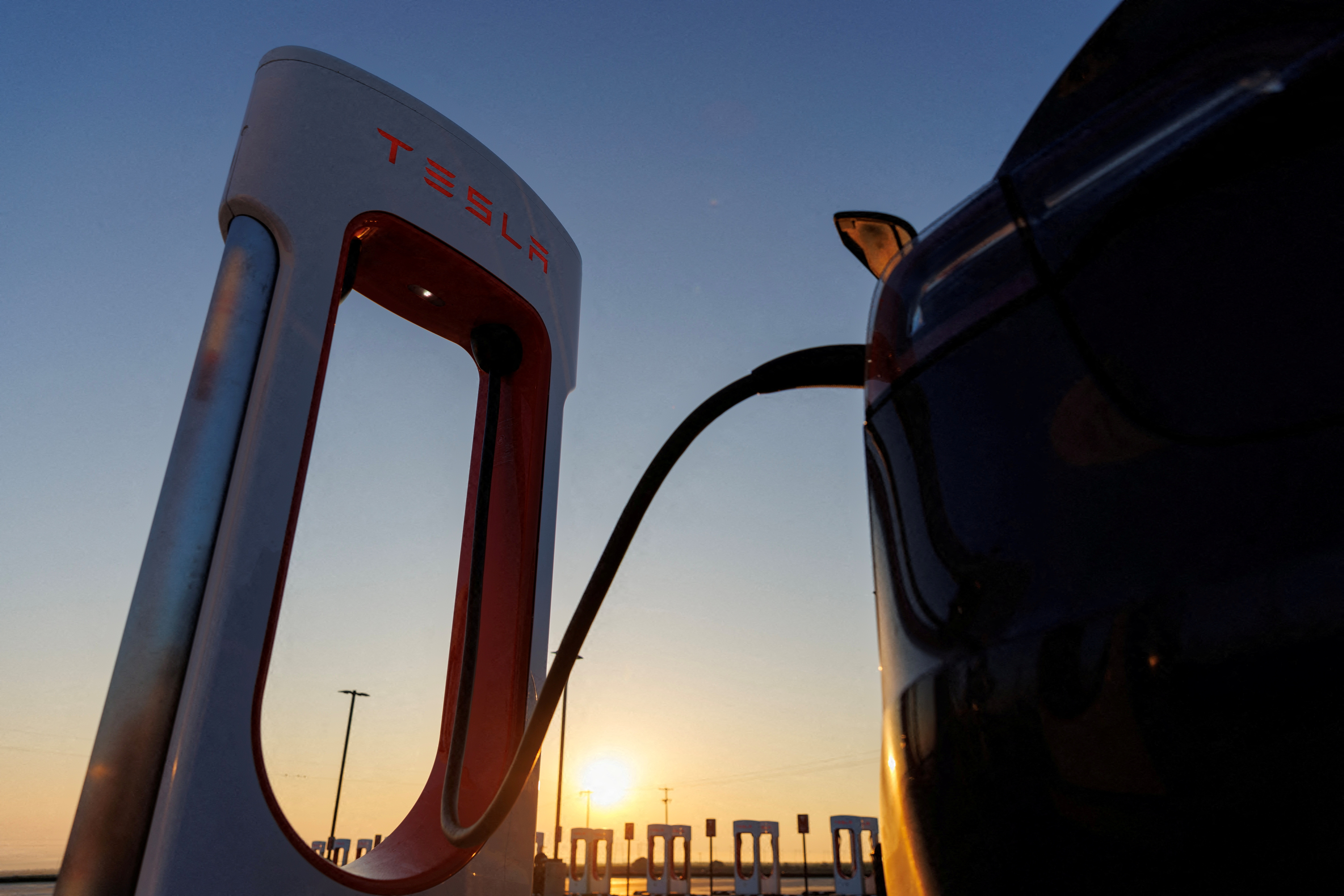 A Tesla supercharging station in California